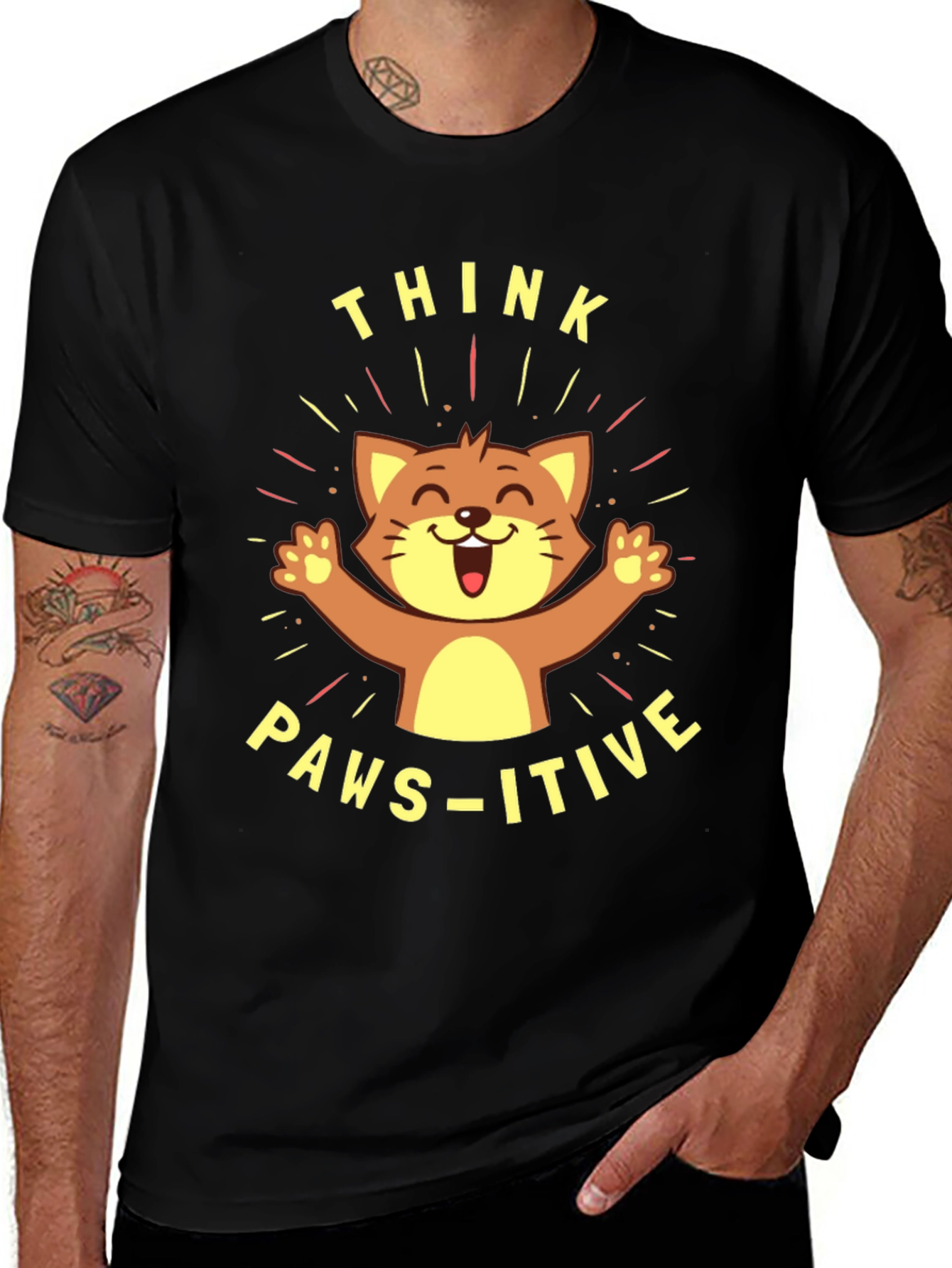 Variant 29 of Think Paws-itive Cat Graphic Tee - Black Cotton T-Shirt