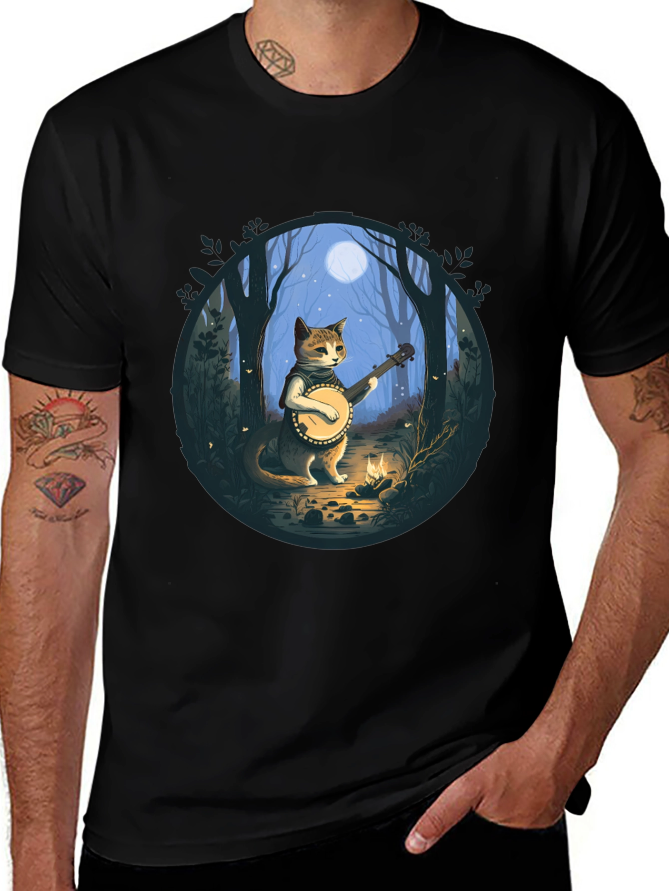 Variant 10 of Banjo Cat T-Shirt - Forest Moonlight Design