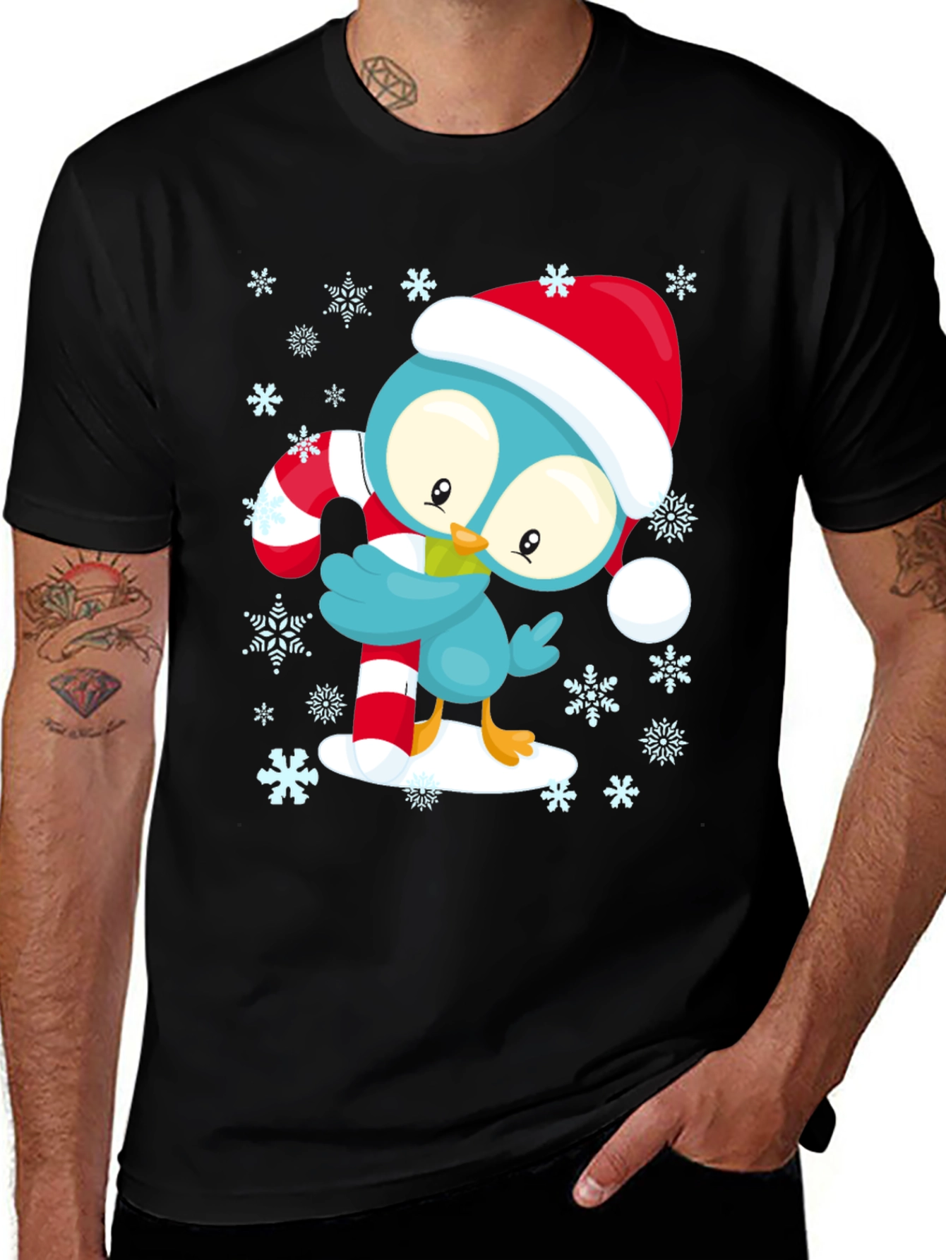Festive Bird Holiday T-Shirt - Santa Hat, Candy Cane