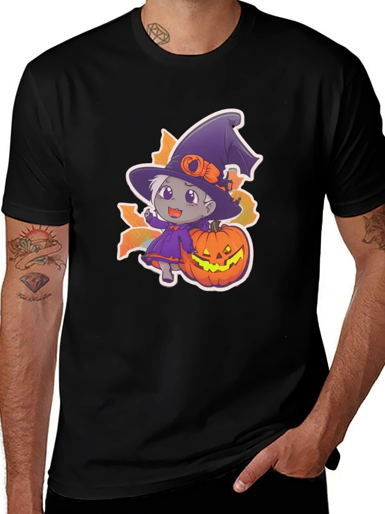 Variant 11 of Cute Witch and Pumpkin Black T-Shirt