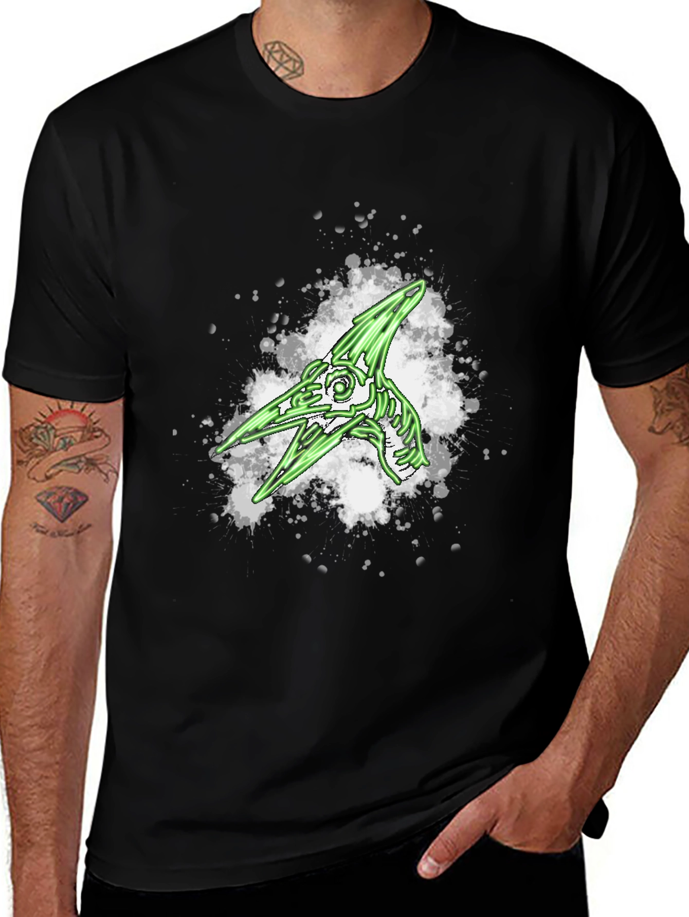 Green Pterodactyl Skeleton Graphic Black T-Shirt
