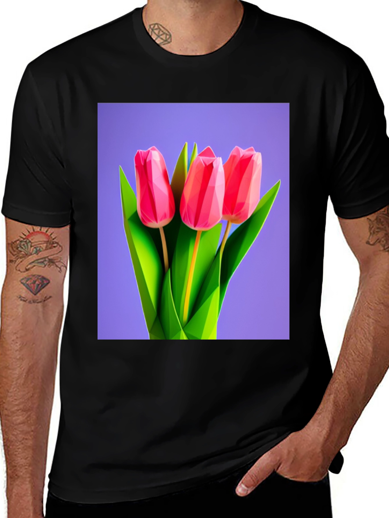 Variant 5 of Geometric Tulip Print Black T-Shirt