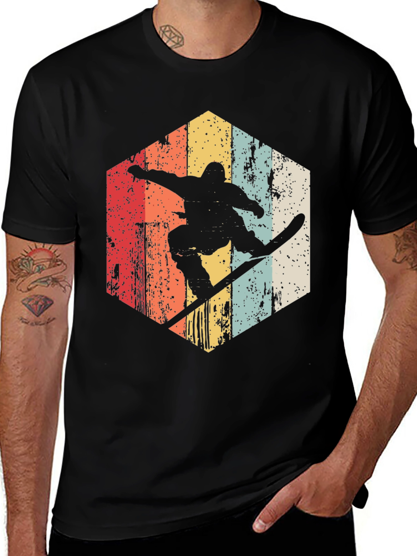 Variant 25 of Retro Snowboarder Tee - Distressed Hexagon Design