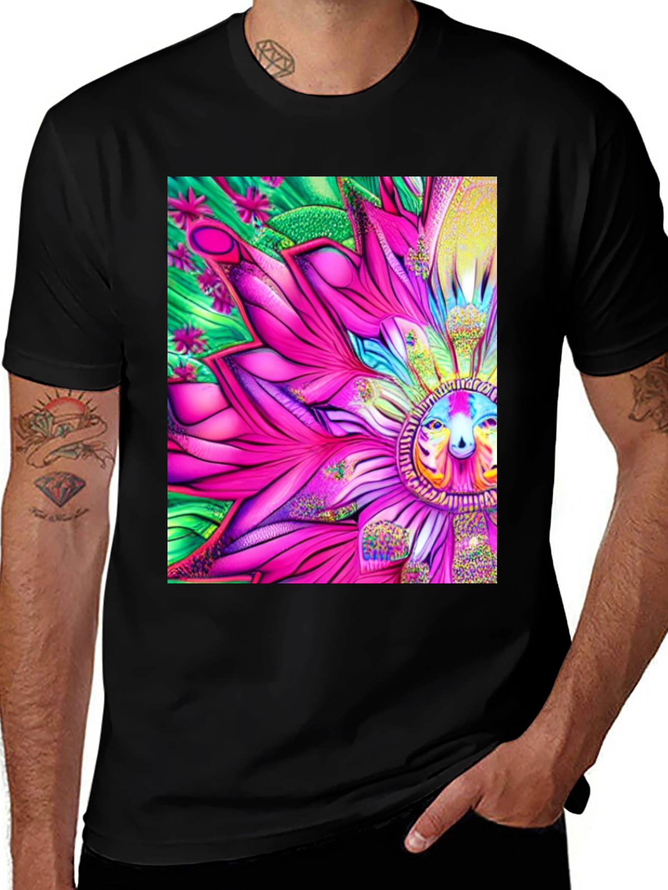 Variant 27 of Psychedelic Floral Print Black T-Shirt