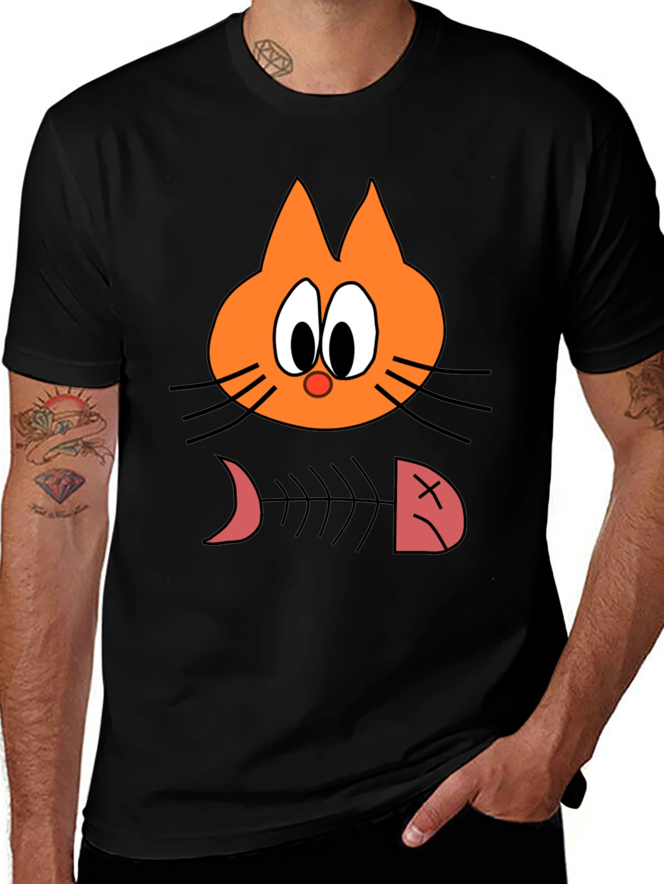Variant 6 of Funny Cat Fishbone Graphic Tee - Unisex Casual Black T-Shirt