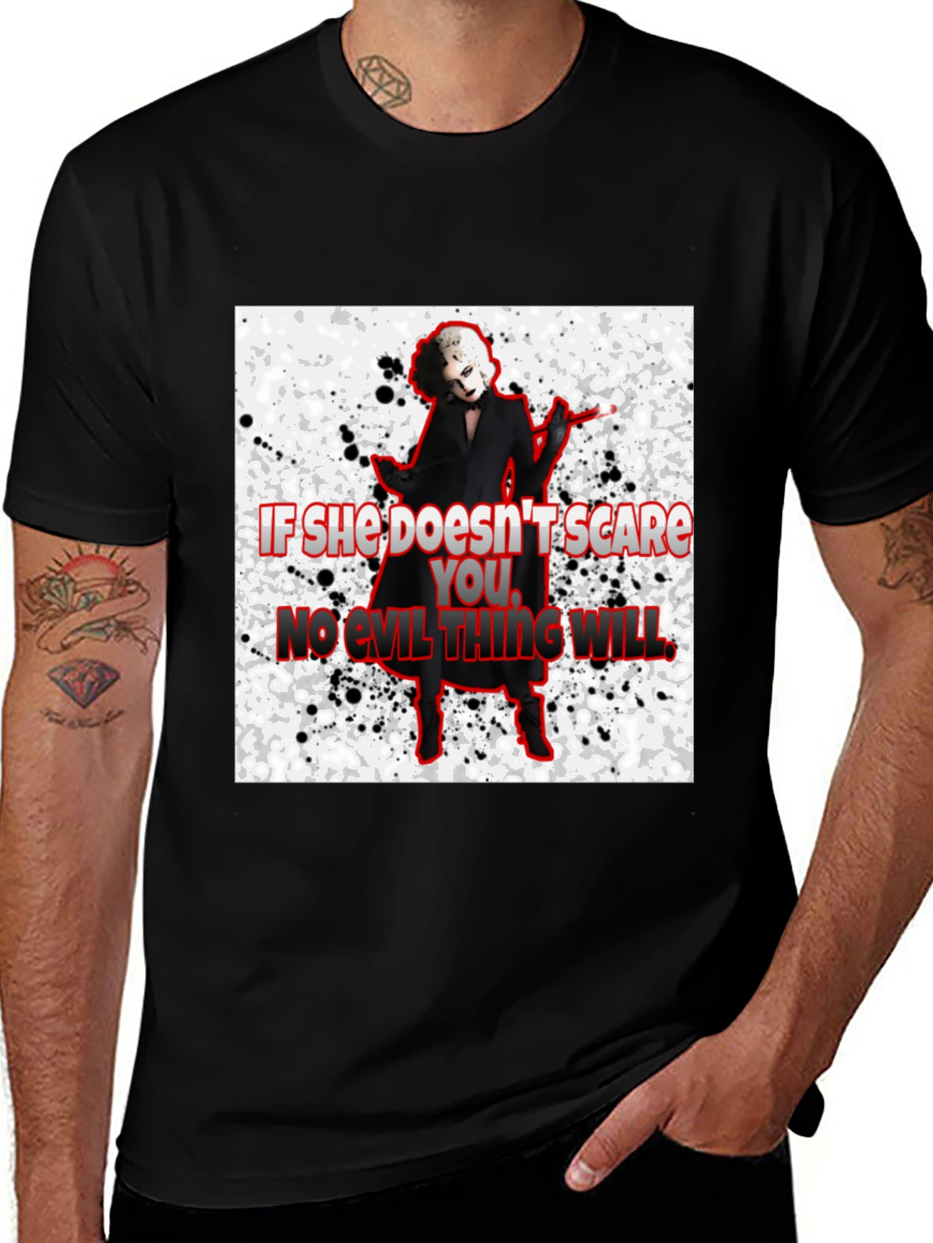 Black Horror Movie Villain T-Shirt - "If She Doesn't Scare You..." main image