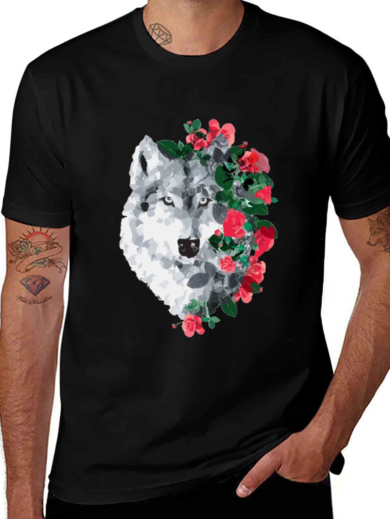 Variant 10 of Wolf & Roses Graphic Tee - Black