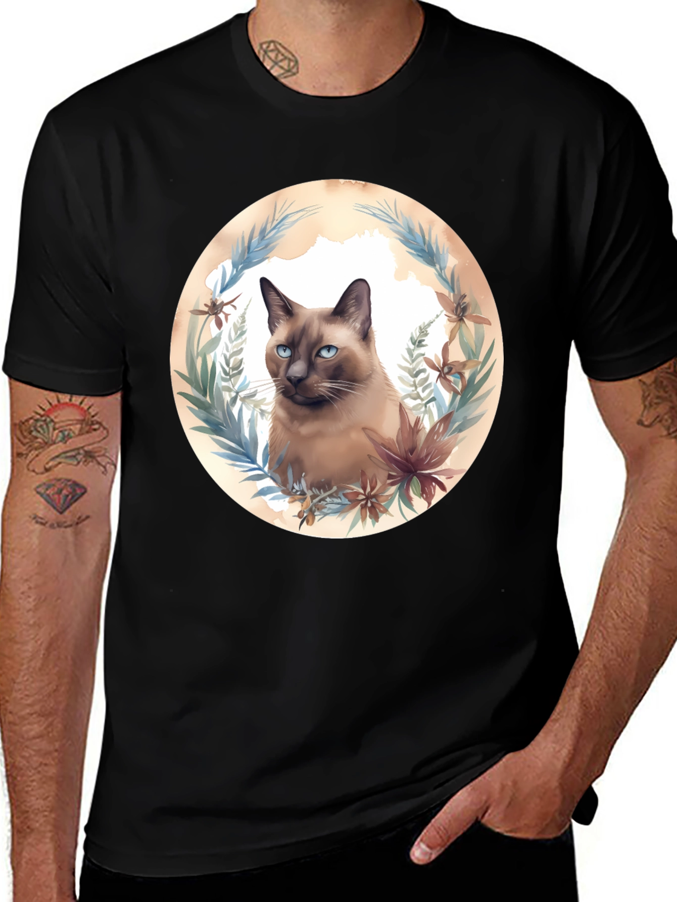 Variant 16 of Siamese Cat Floral Wreath Graphic T-Shirt