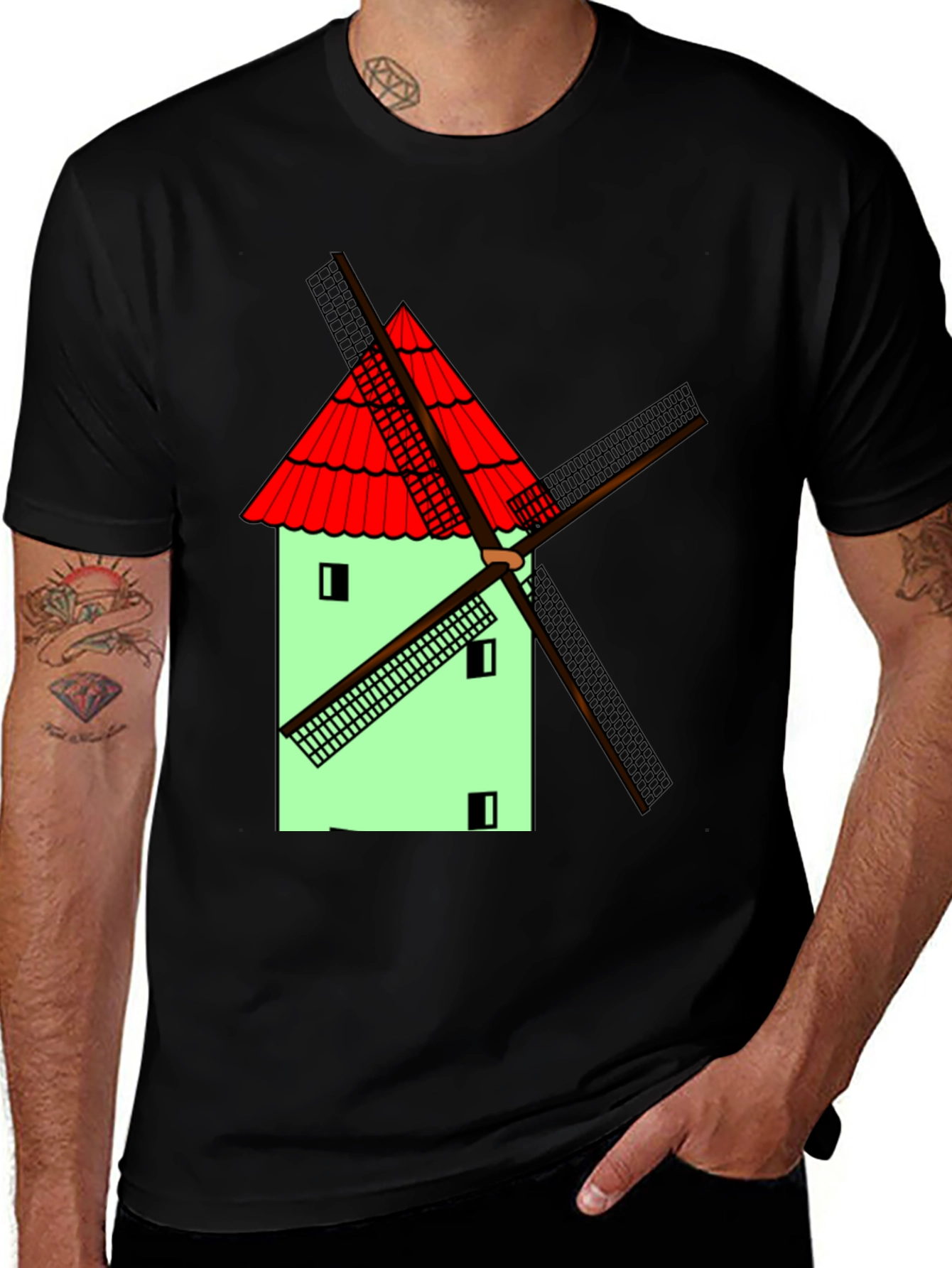 Variant 18 of Novelty Windmill Graphic T-Shirt - Black Cotton Blend