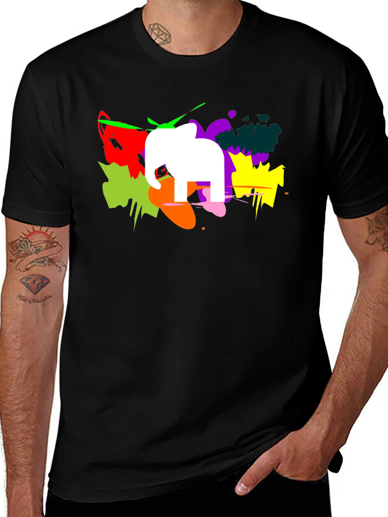 Abstract Elephant Graphic Print Black T-Shirt
