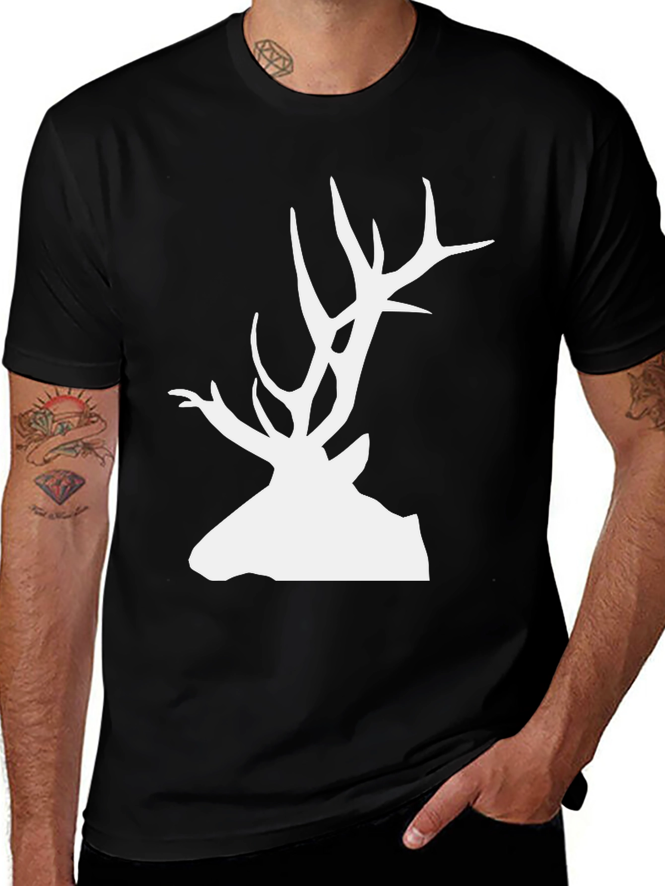 Variant 21 of Deer Head Graphic Tee - Men's Black Cotton T-Shirt