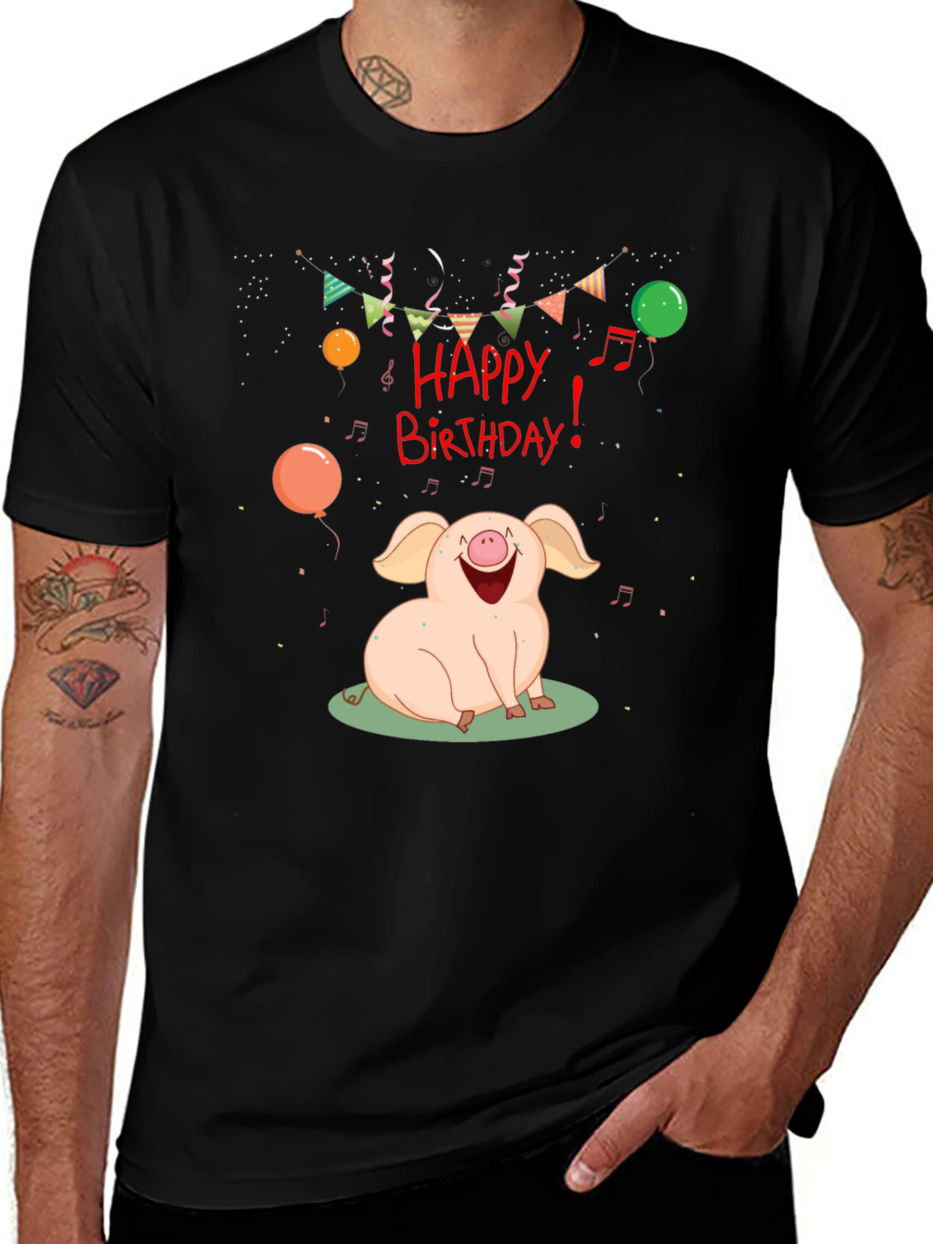 Variant 9 of Happy Birthday Pig Graphic Tee - Black