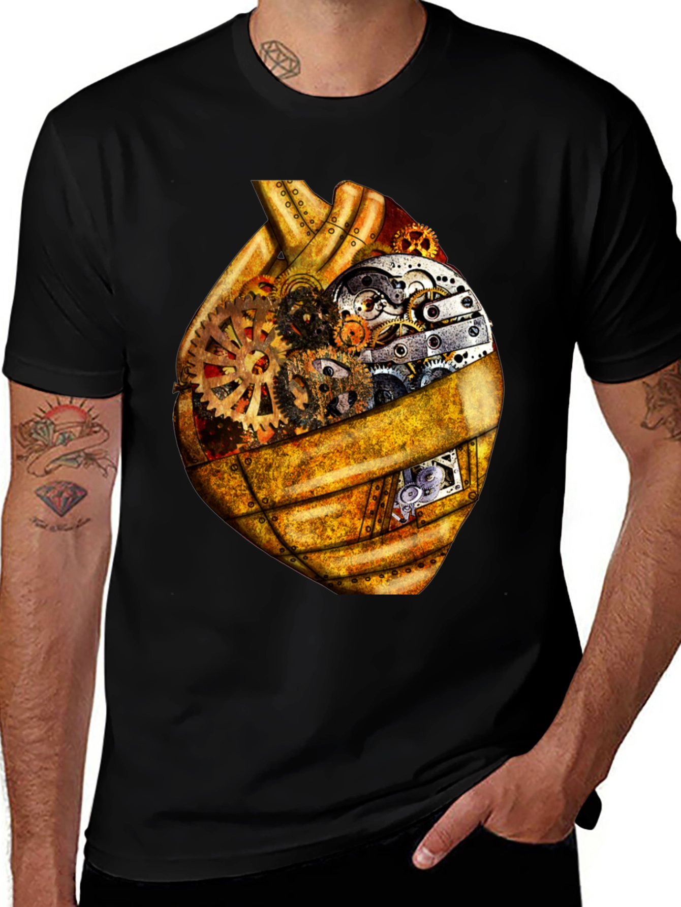 Black Steampunk Heart Gears Graphic Tee main image
