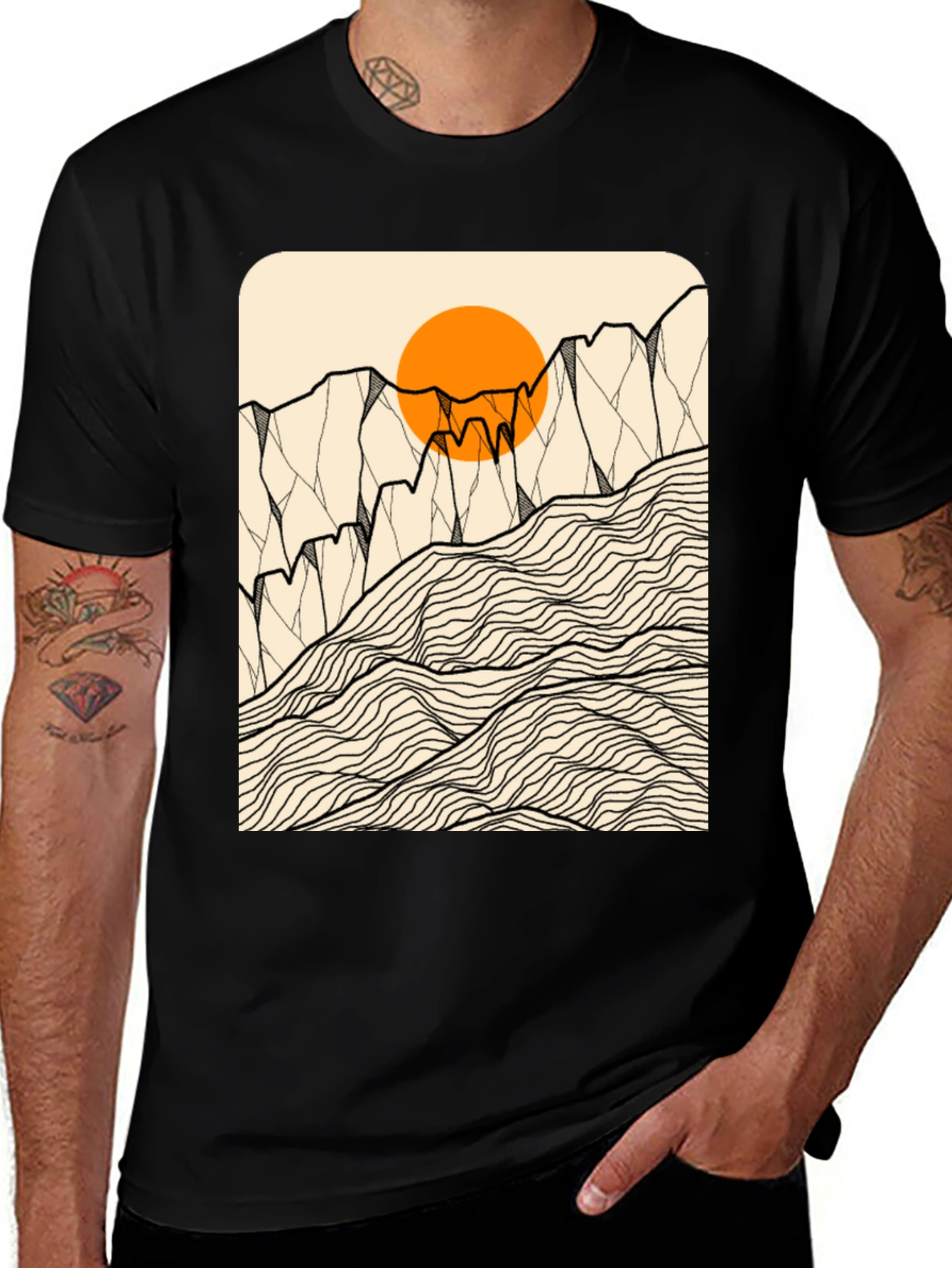 Variant 7 of Mountains and Sun Graphic Tee - Stylish Black T-Shirt