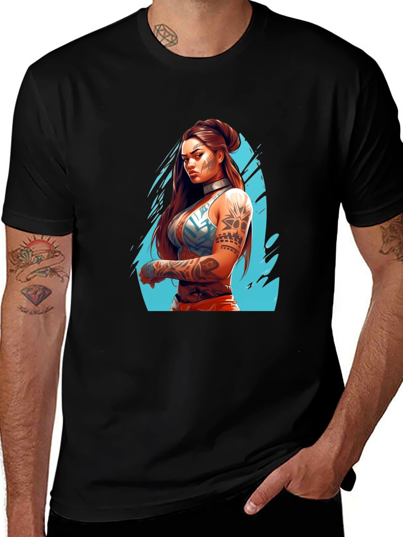 Variant 18 of Tattooed Warrior Woman Graphic Black T-Shirt