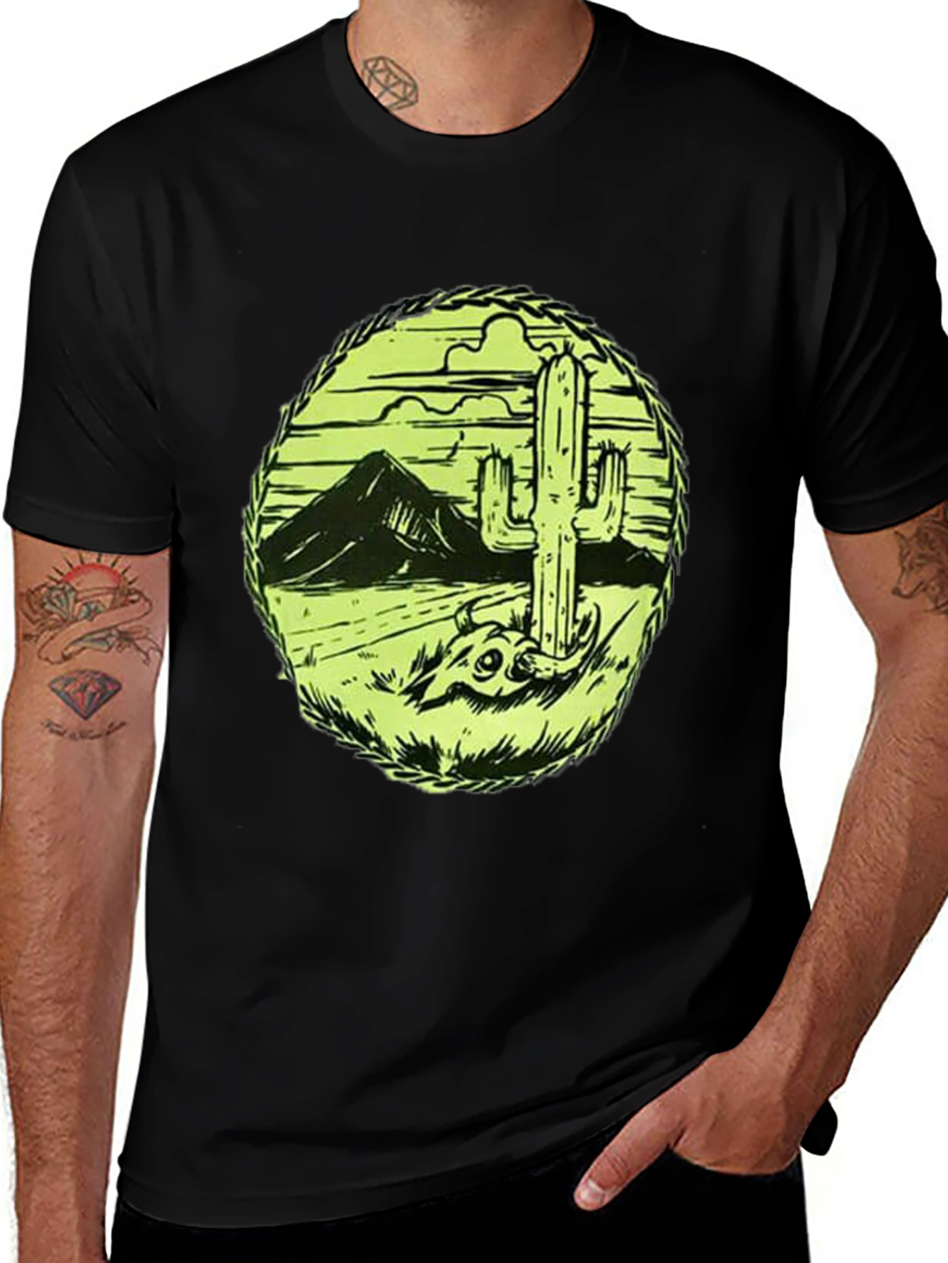 Variant 18 of Desert Cactus Graphic Tee - Black Cotton T-Shirt