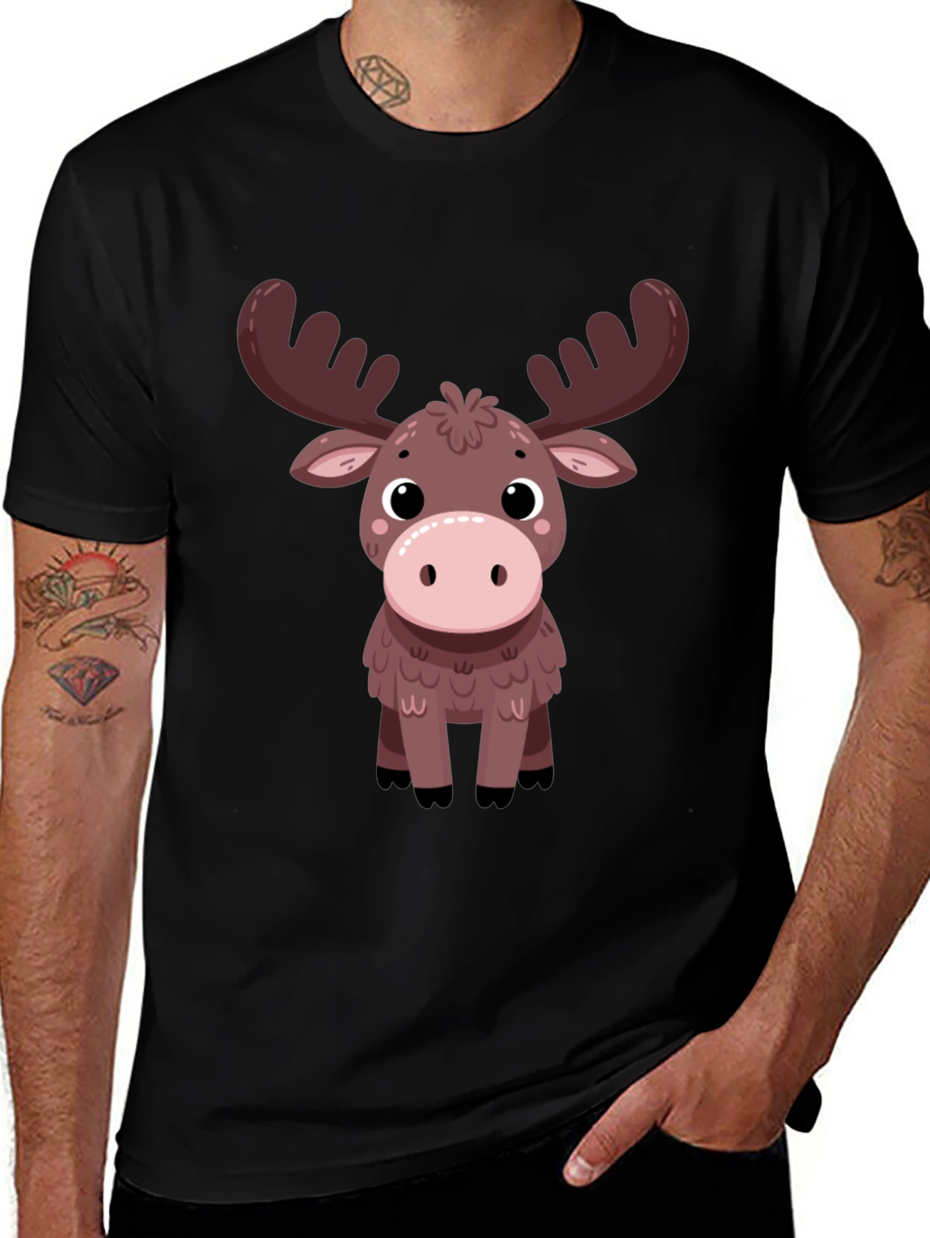 Variant 12 of Cute Moose Graphic Tee - Black Cotton T-Shirt