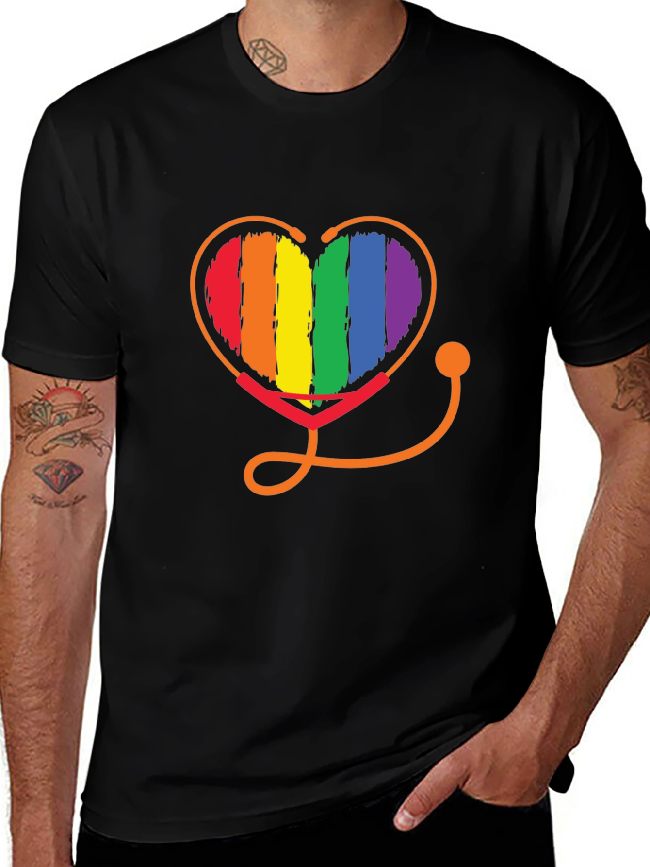 Variant 16 of Rainbow Heart Stethoscope T-Shirt - Pride Medical Tee