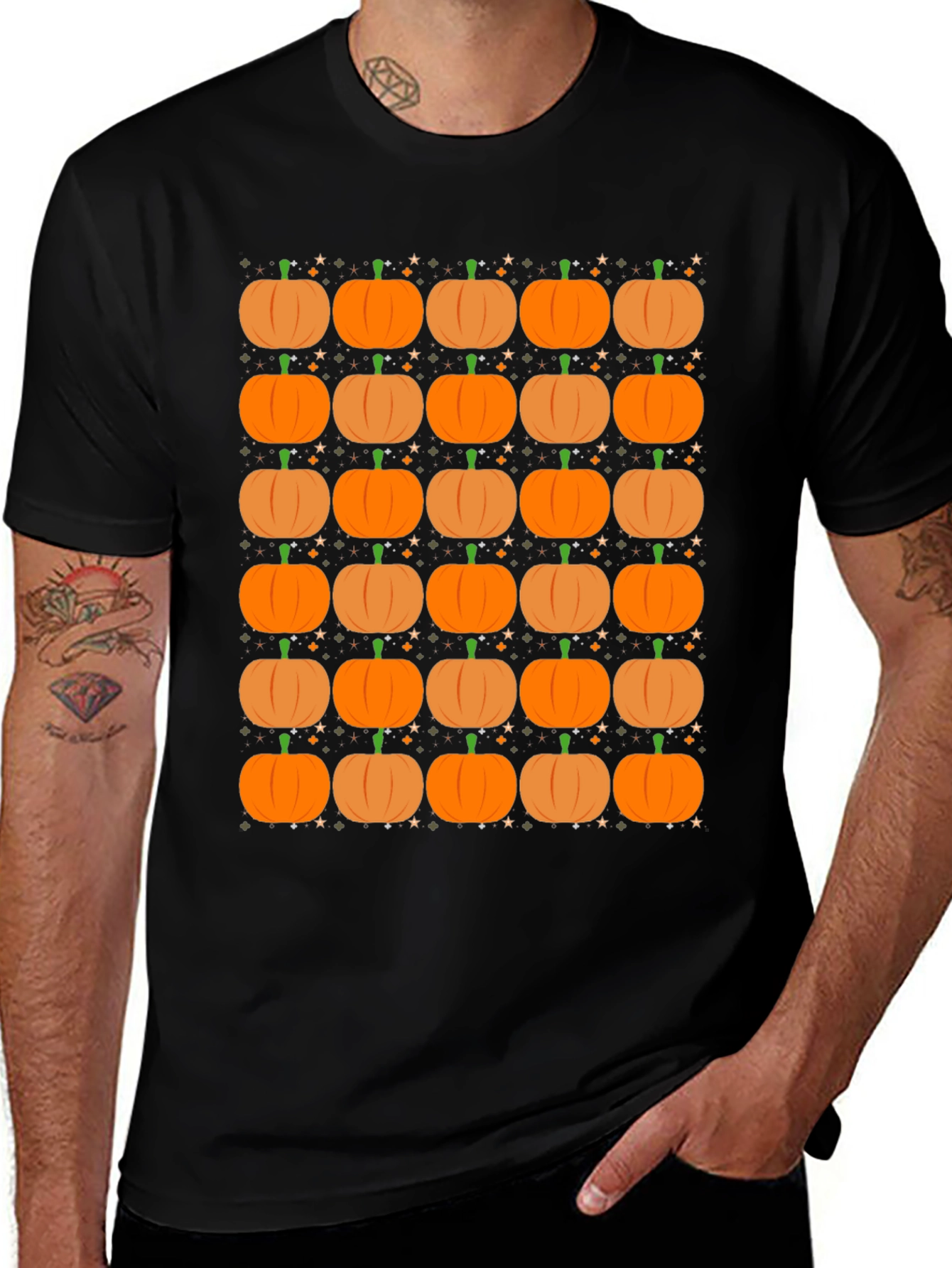 Variant 28 of Pumpkin Pattern Black T-Shirt - Fall Festival Ready