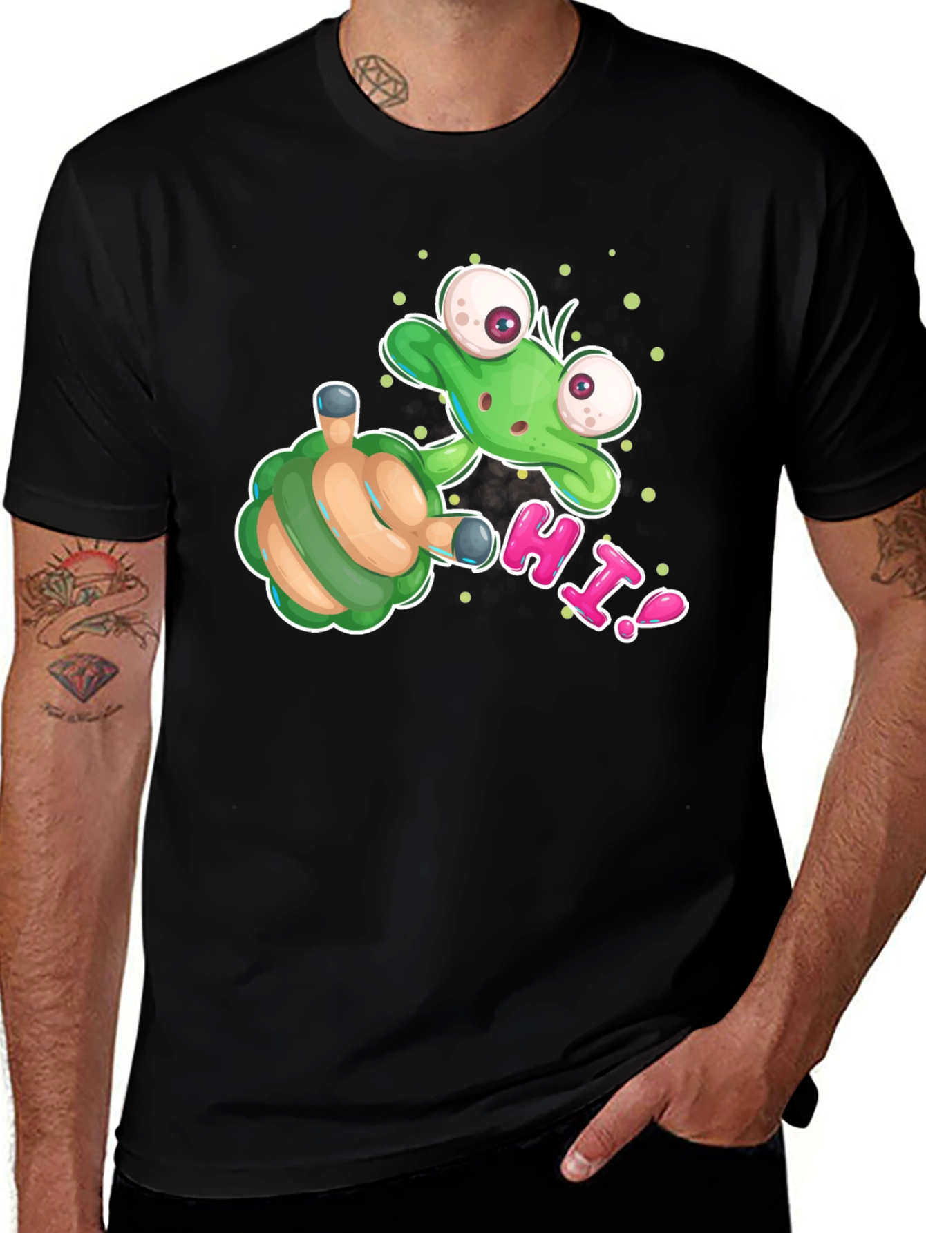 Variant 6 of Funny Frog 'Hi!' Graphic Black T-Shirt