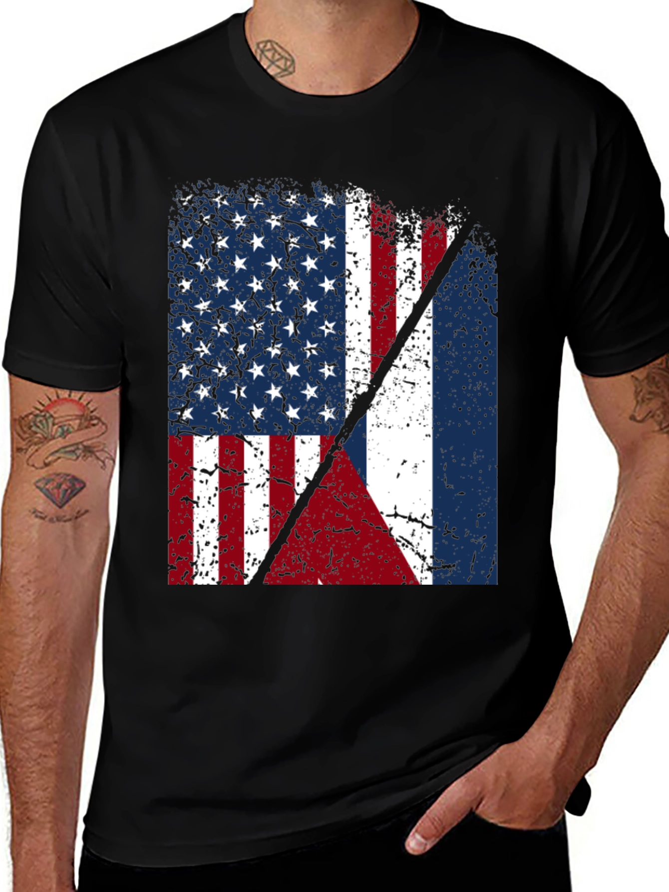 USA & UK Flag Graphic Tee - Black Patriotic T-Shirt