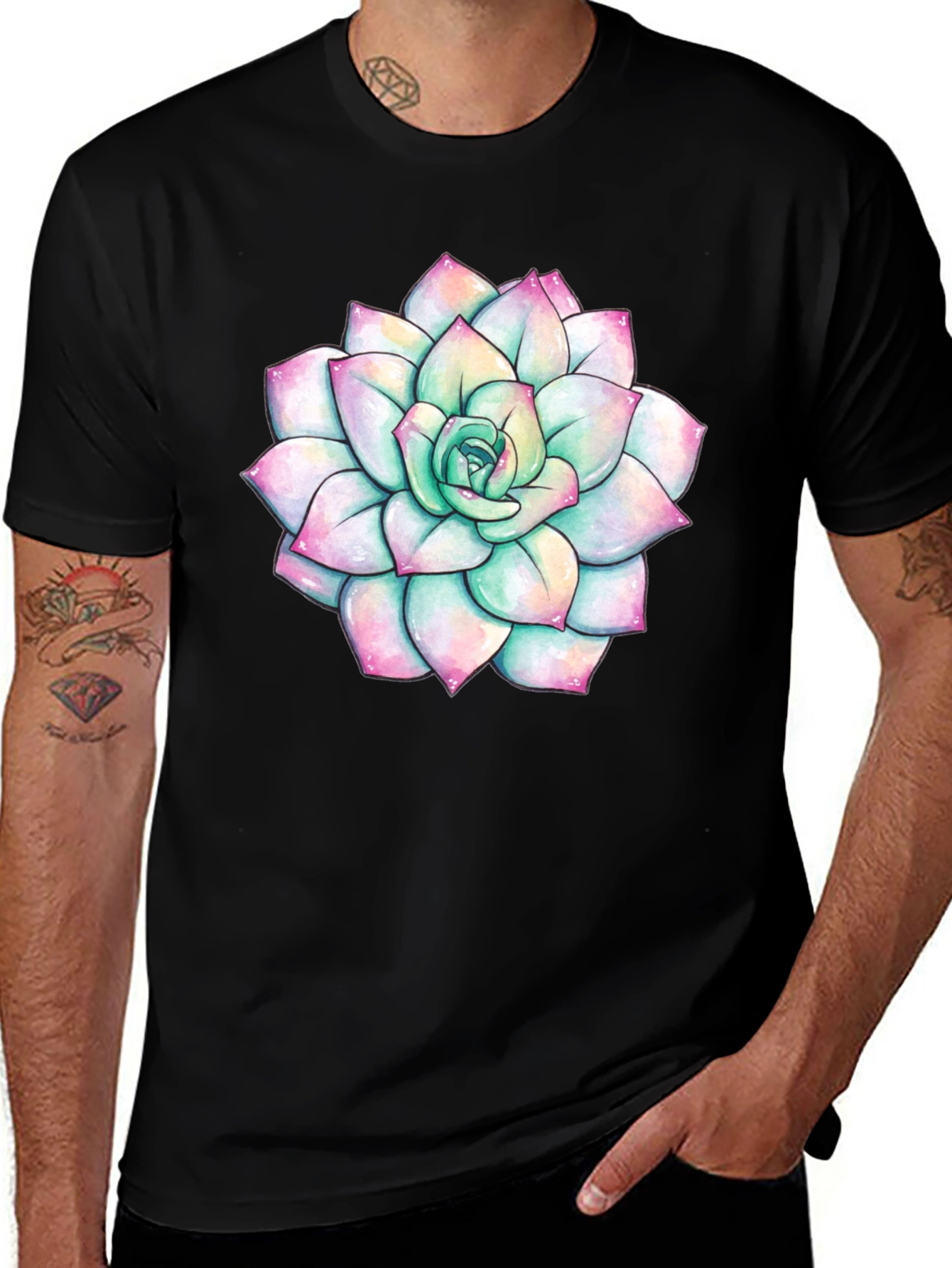 Succulent Print Black T-Shirt