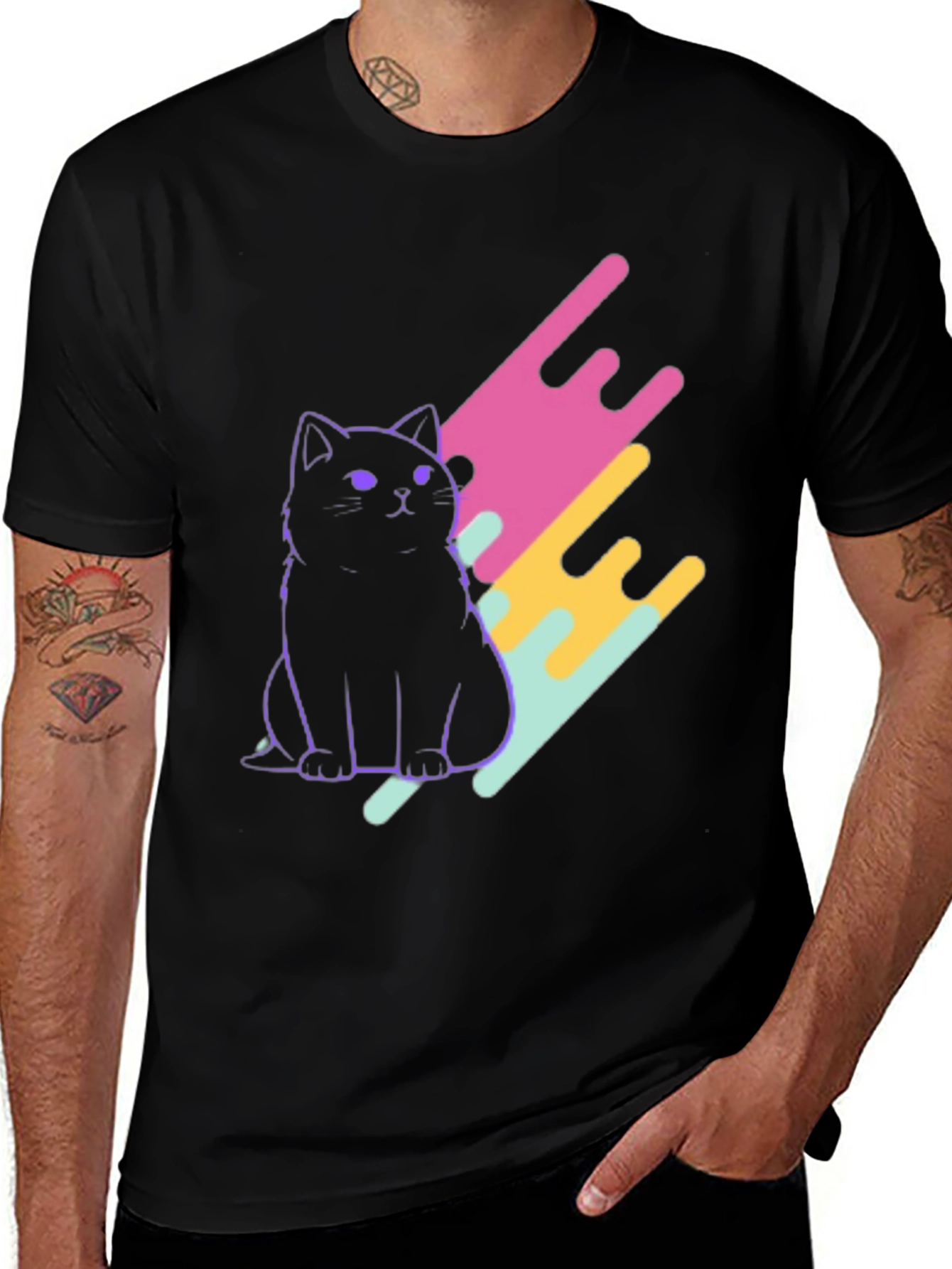 Variant 2 of Neon Cat Graphic Black T-Shirt