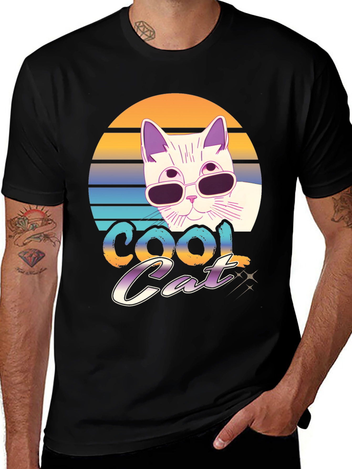 Variant 10 of Cool Cat Graphic T-Shirt - Retro Sunset Design