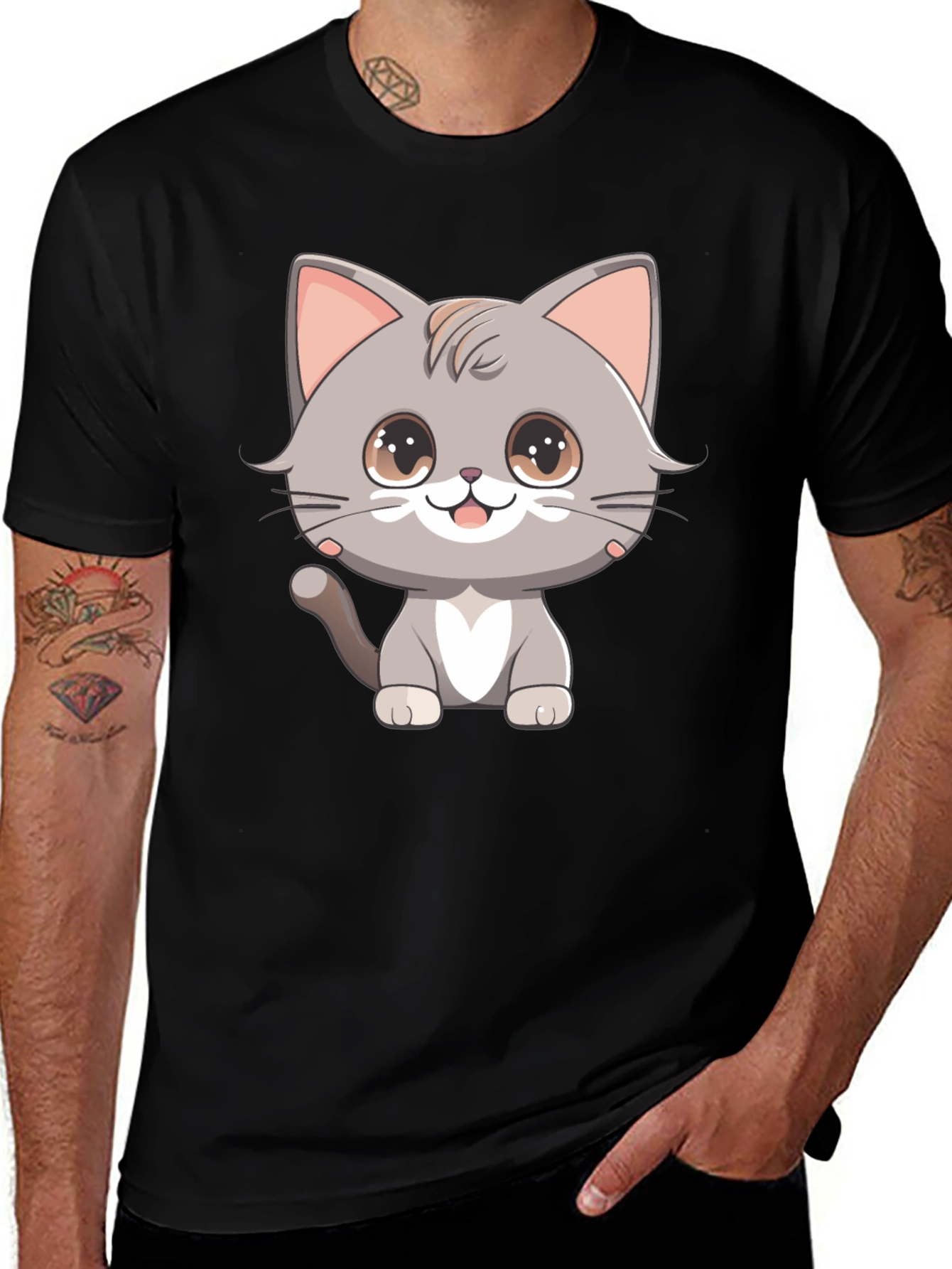 Variant 8 of Cute Cartoon Kitten Graphic Tee - Black T-Shirt