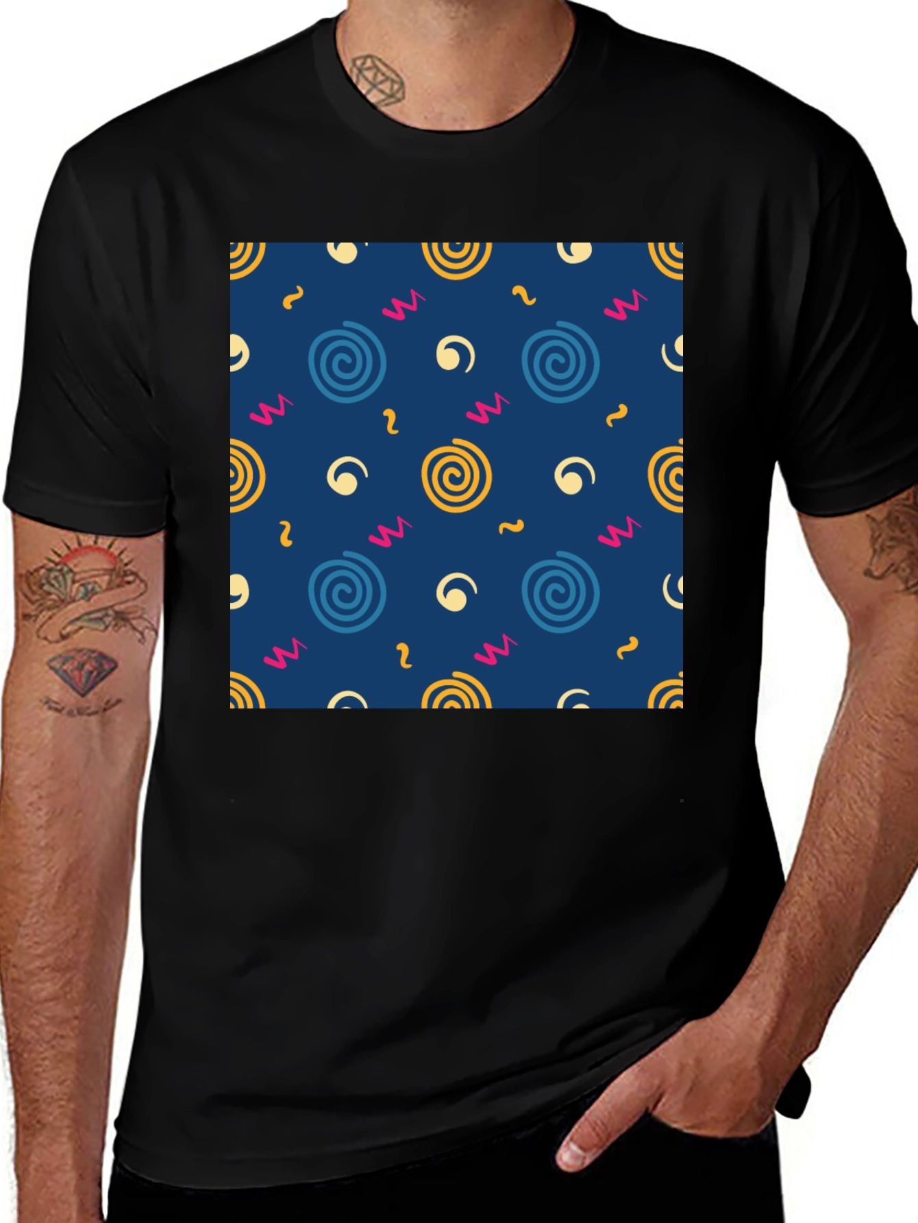 Variant 28 of Retro Swirl Pattern Black T-Shirt