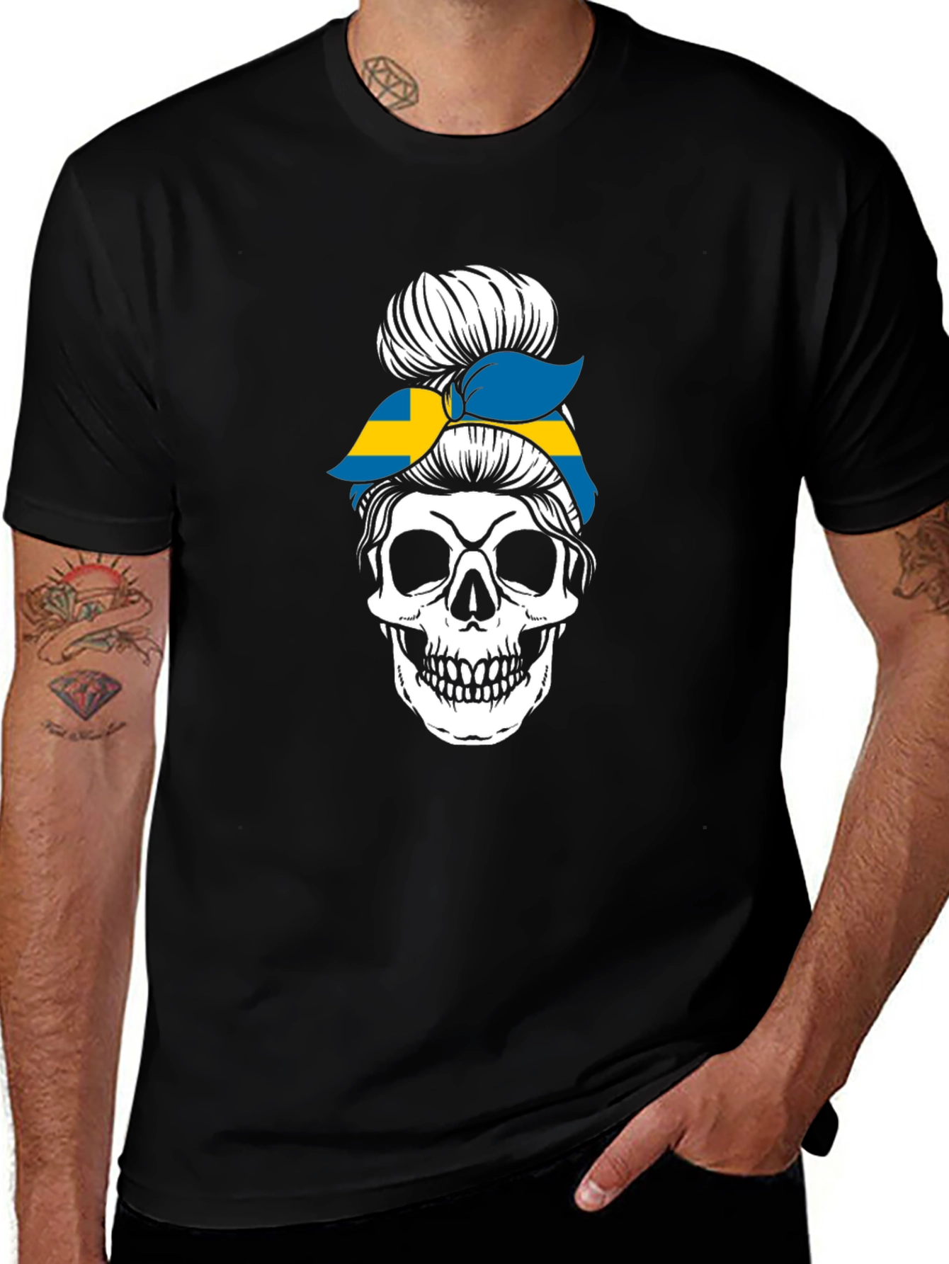 Skull Sweden Flag Messy Bun T-Shirt