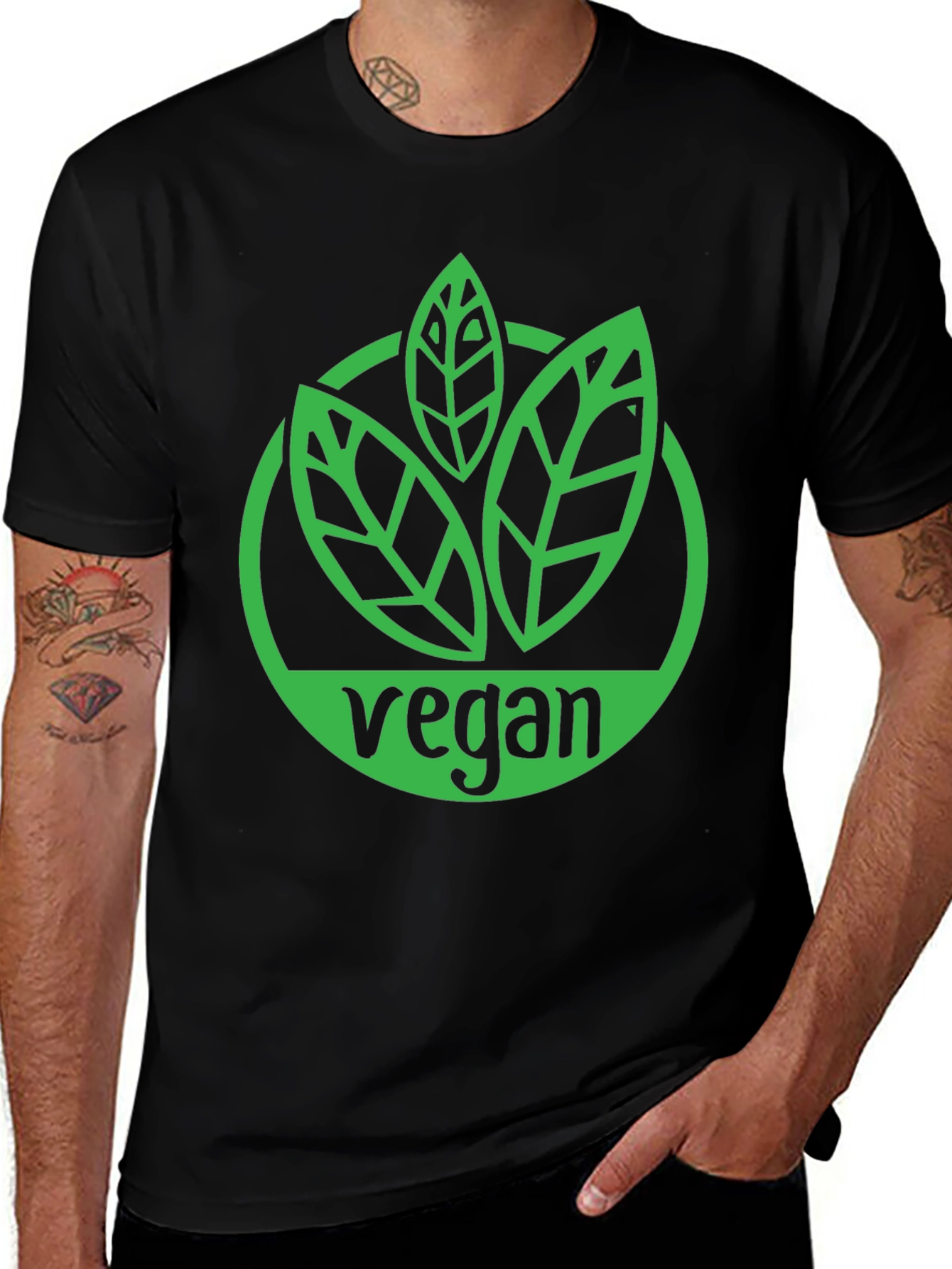 Variant 8 of Vegan T-Shirt - Green Leaf Logo Black Tee