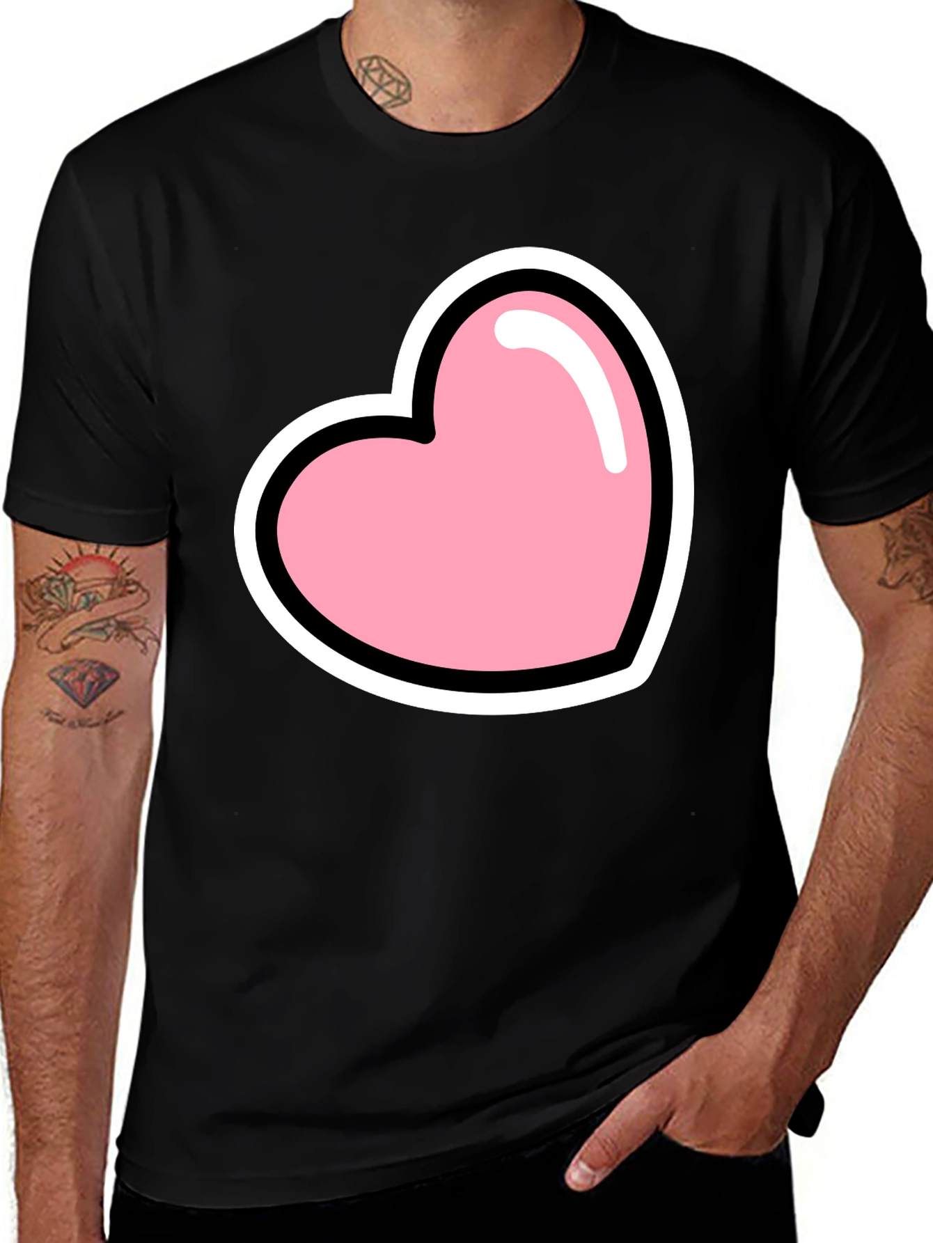 Variant 2 of Pink Heart Graphic Black T-Shirt Casual