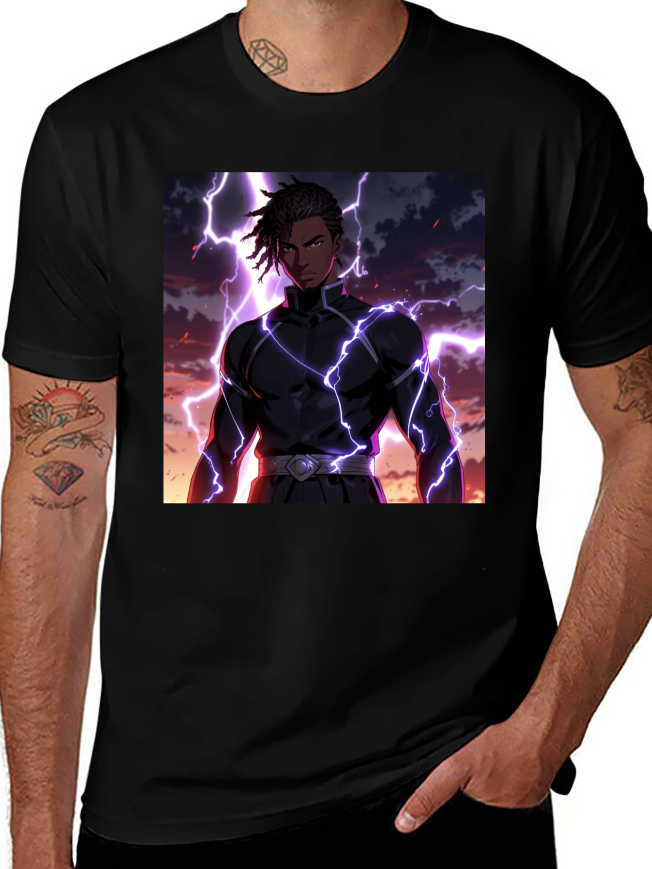 Variant 29 of Anime Lightning Bolt Graphic Tee - Black Cotton Blend