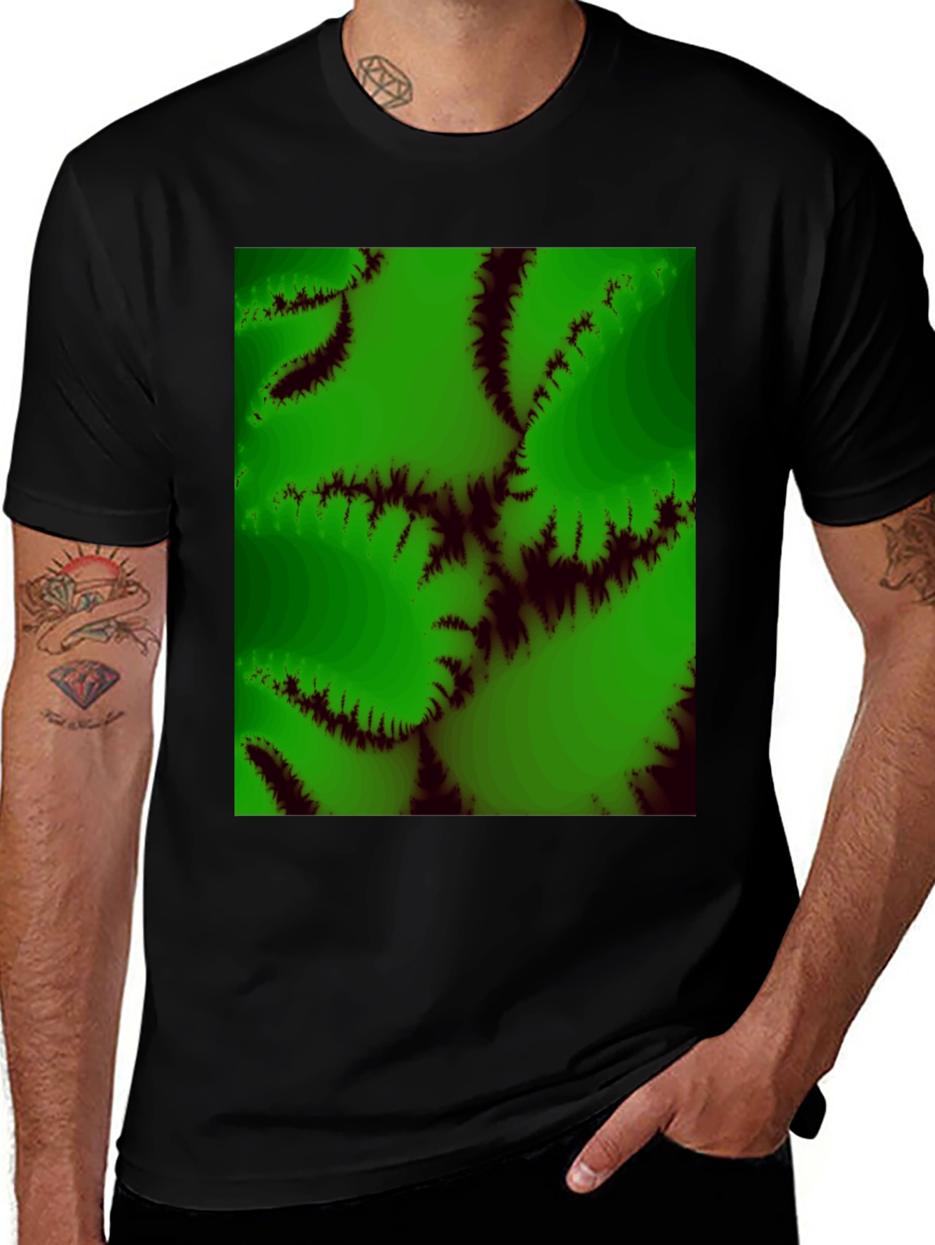 Green Fractal Design Black T-Shirt