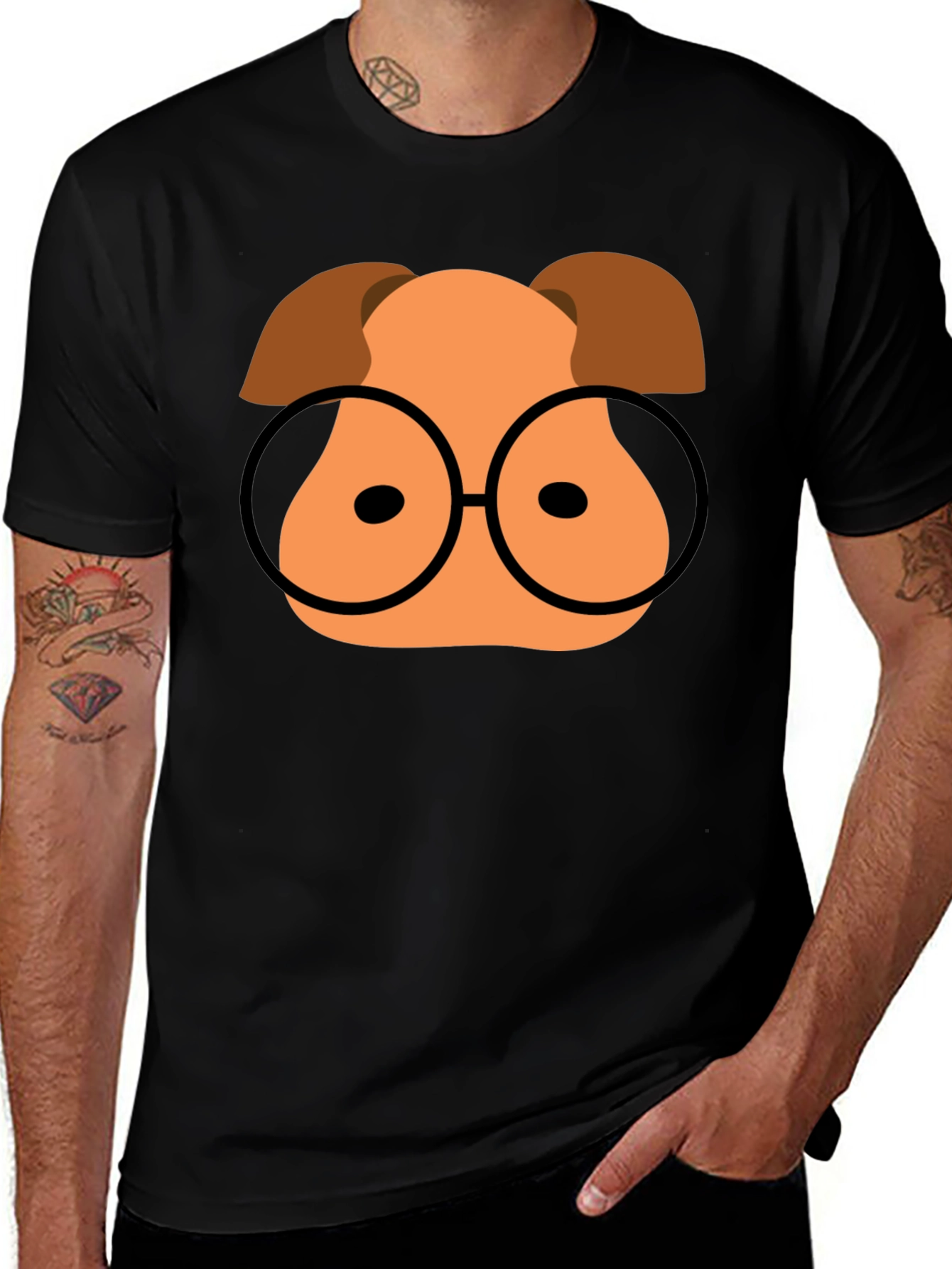 Variant 23 of Cartoon Dog with Glasses Black T-Shirt