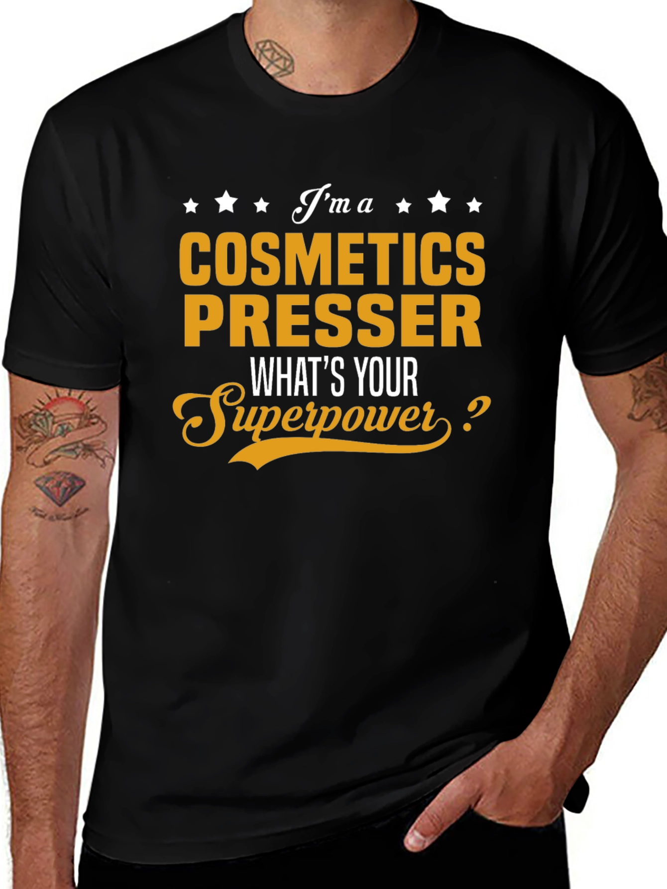 Variant 23 of Cosmetics Presser Superpower T-Shirt - Black Cotton Tee