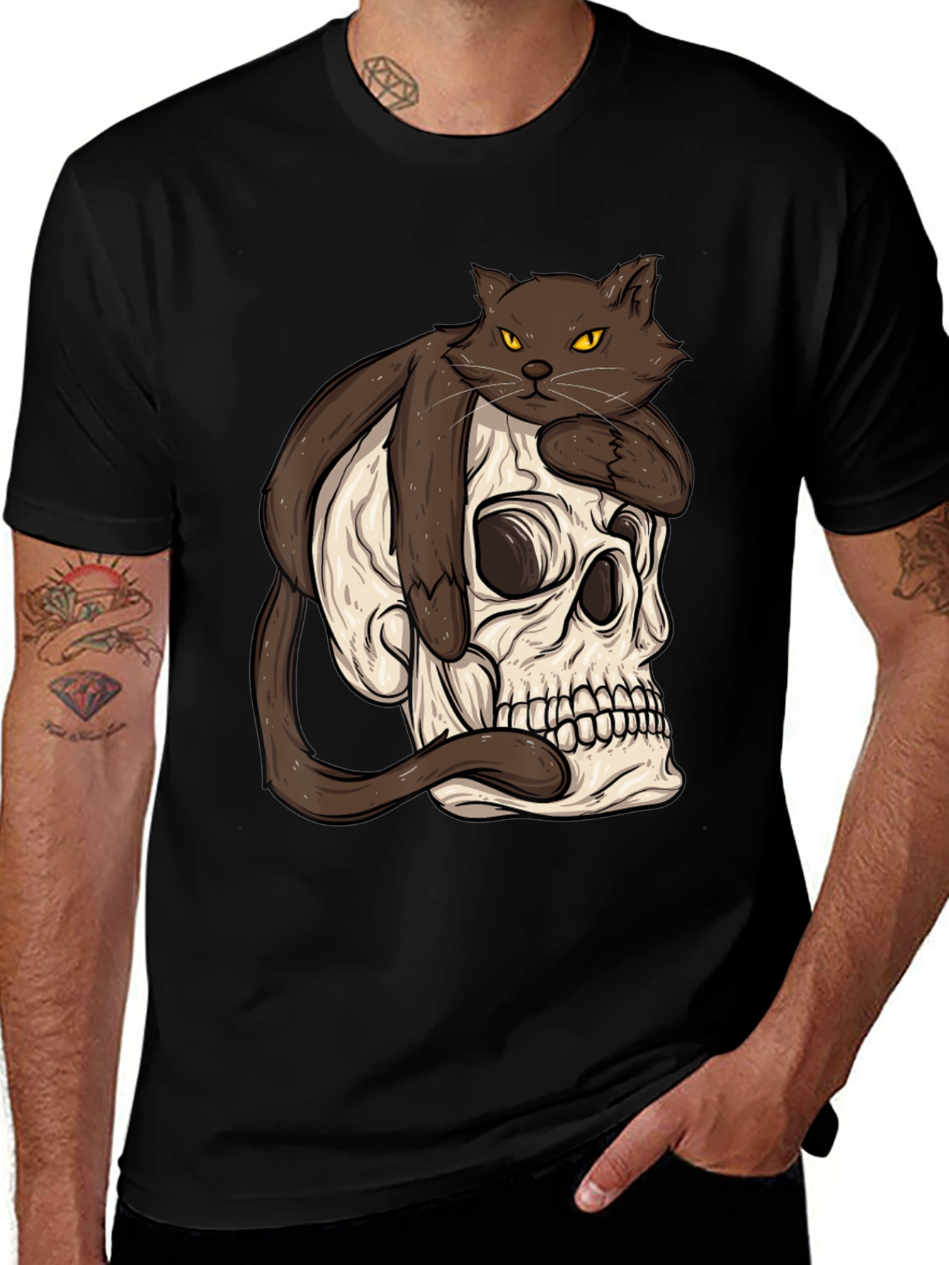Variant 19 of Cat on Skull Graphic Tee - Men's Black T-Shirt