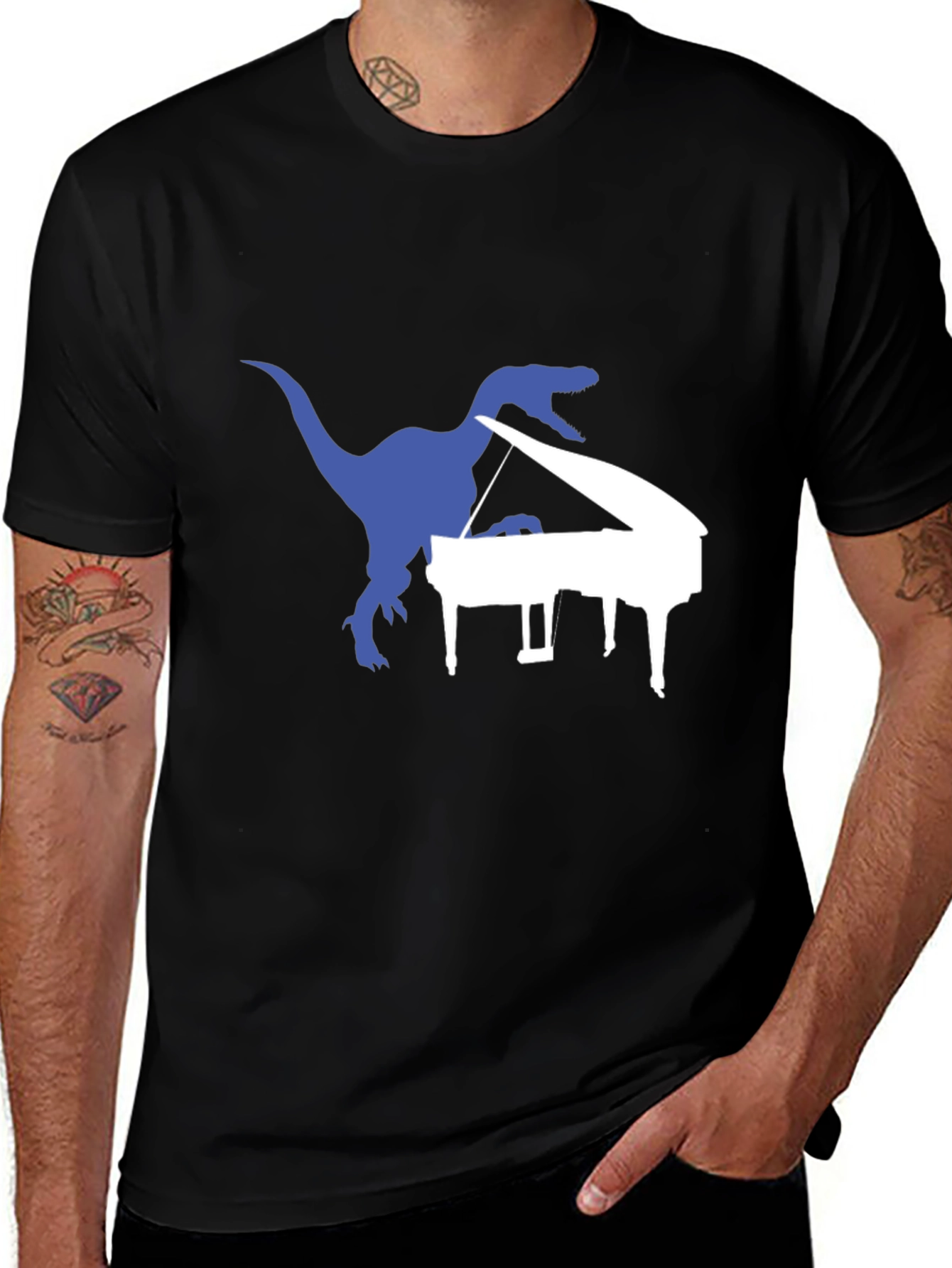 Variant 28 of Dinosaur Piano Graphic Tee - Black Cotton T-Shirt