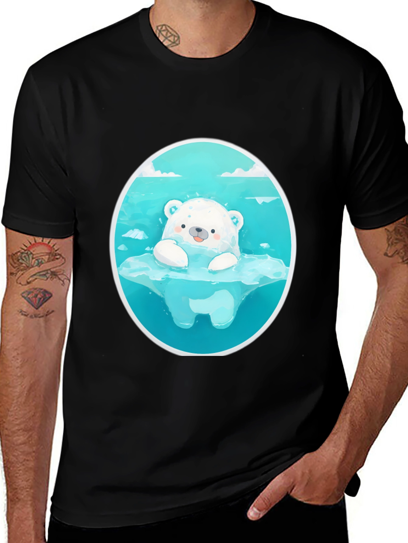 Cute Polar Bear Graphic Tee - Black Cotton T-Shirt