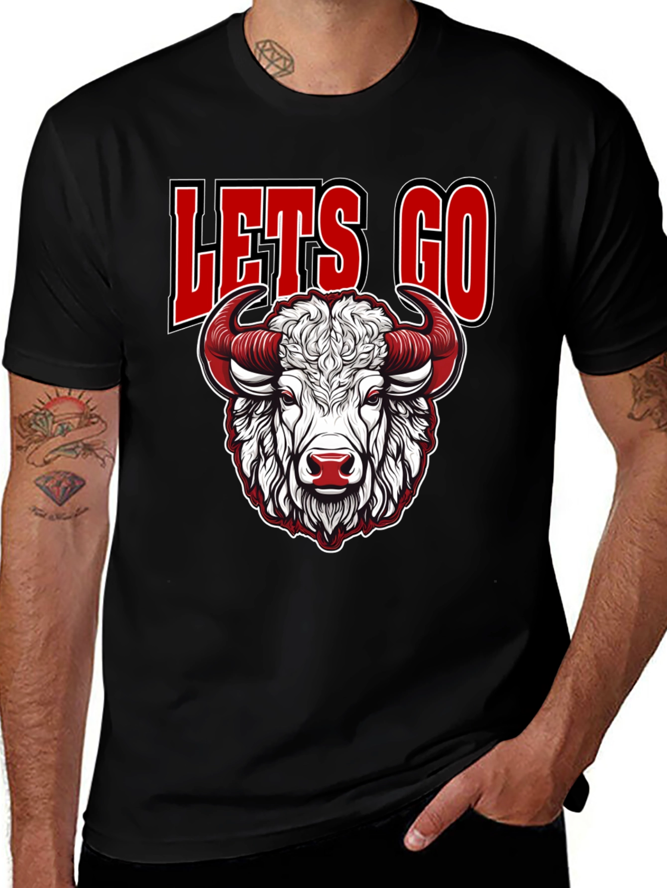 Variant 14 of Lets Go Buffalo Tee - Red & White Bull Graphic Black T-Shirt