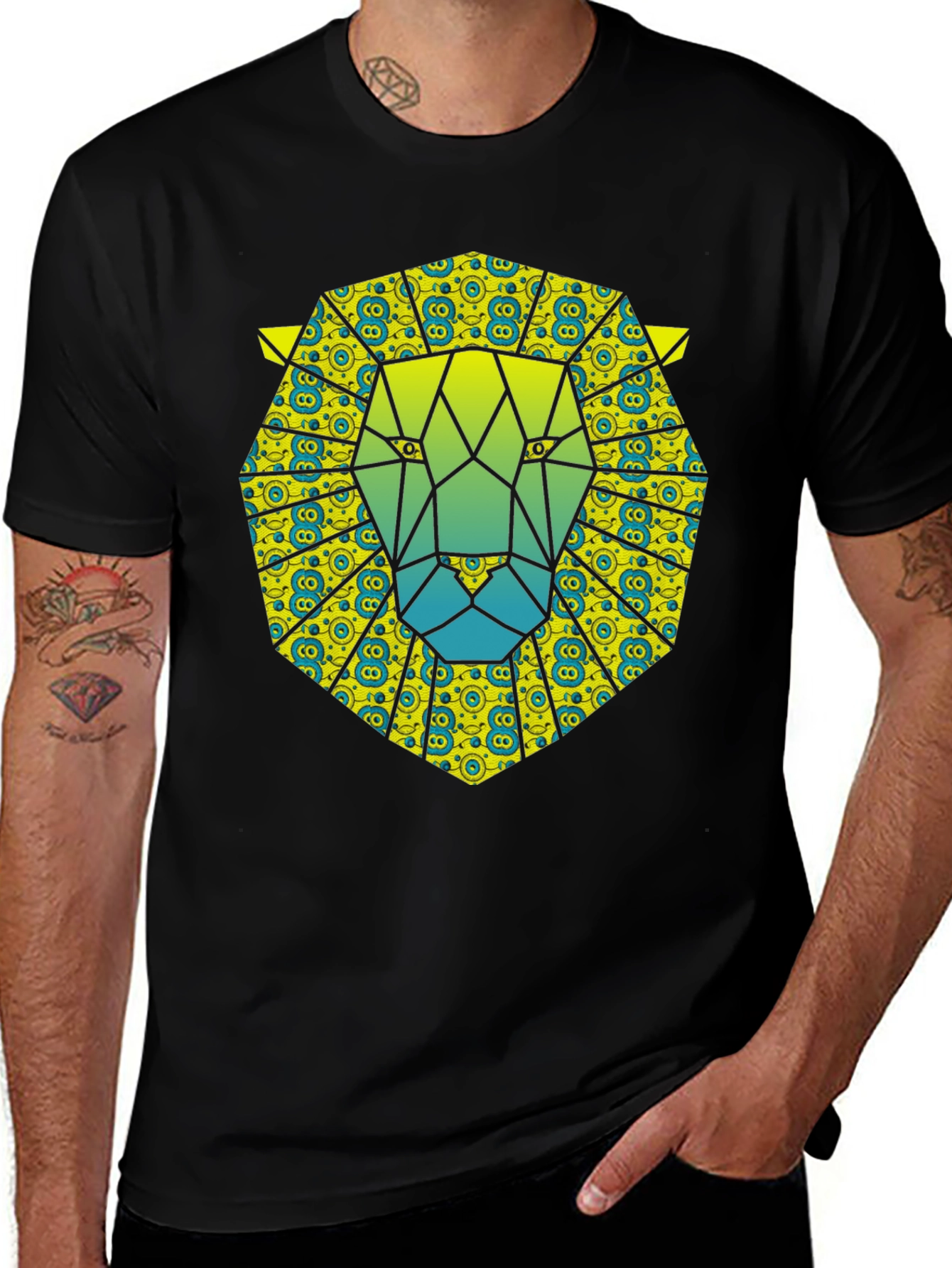 Geometric Lion Graphic Tee - Black