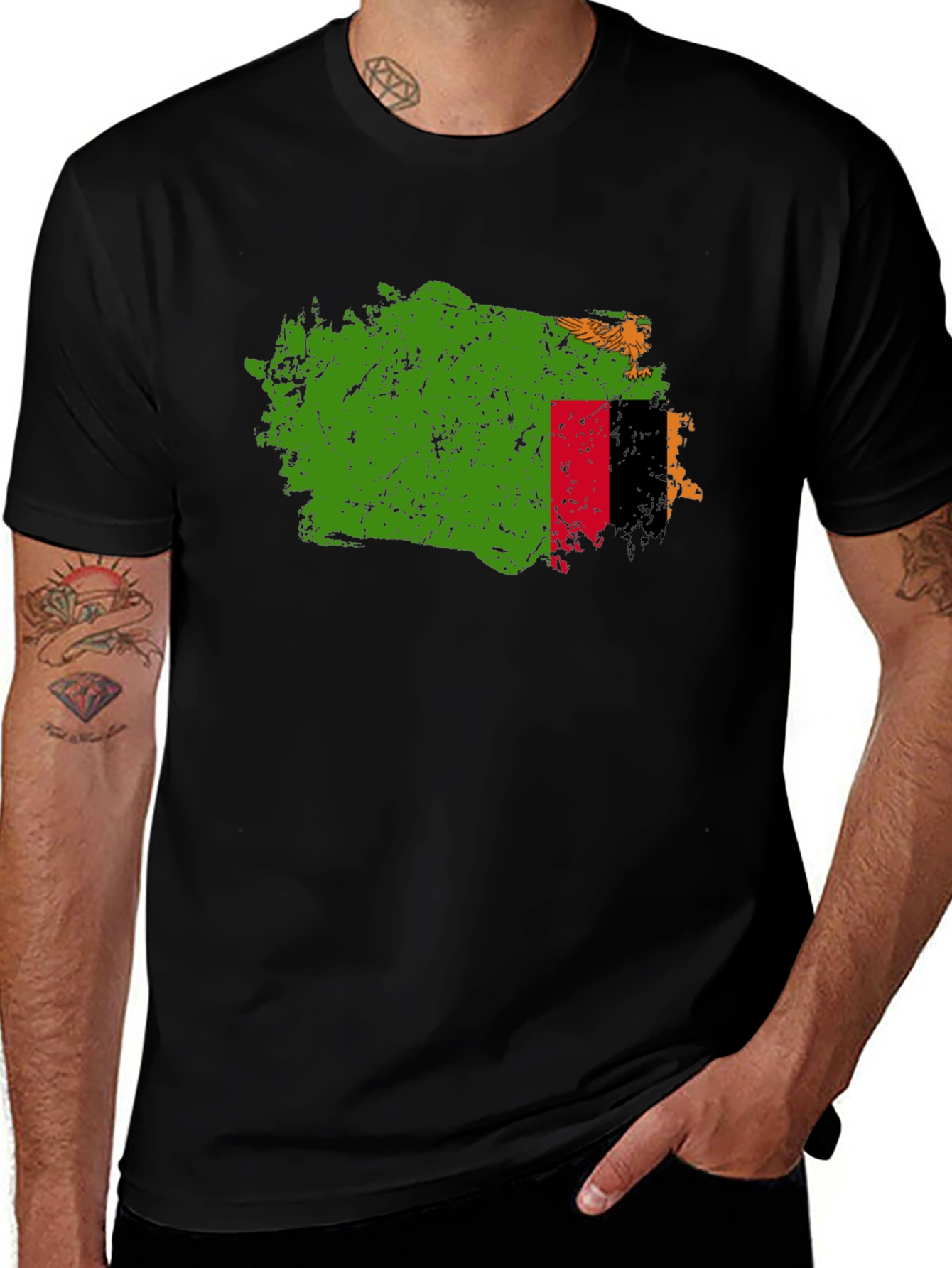 Zambia Flag Map T-Shirt - Black Crew Neck Tee