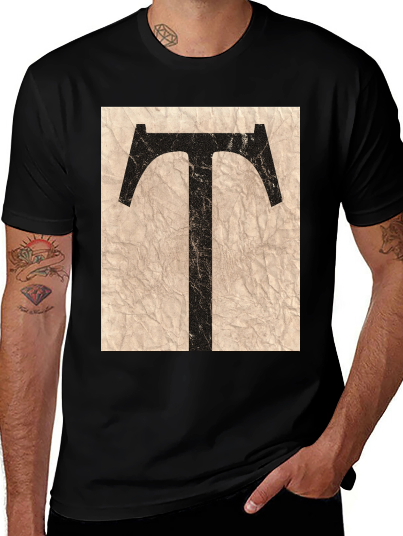 Letter 'T' Graphic Print Black Crew Neck Tee