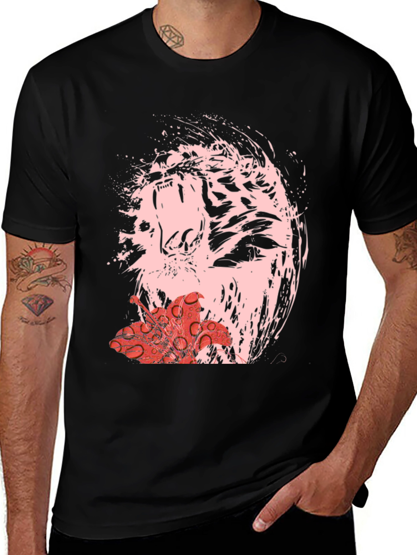 Variant 24 of Abstract Tiger & Flower Graphic Black Tee