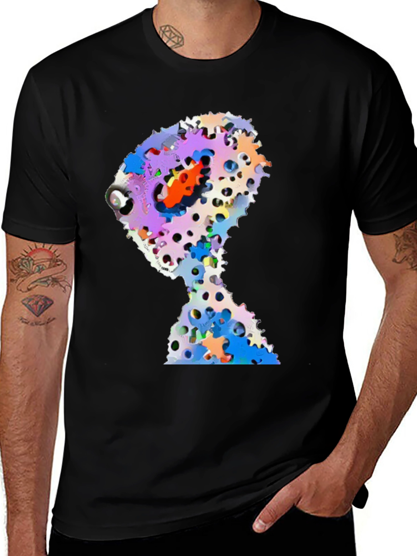 Abstract Gears Head Graphic Black Tee Shirt