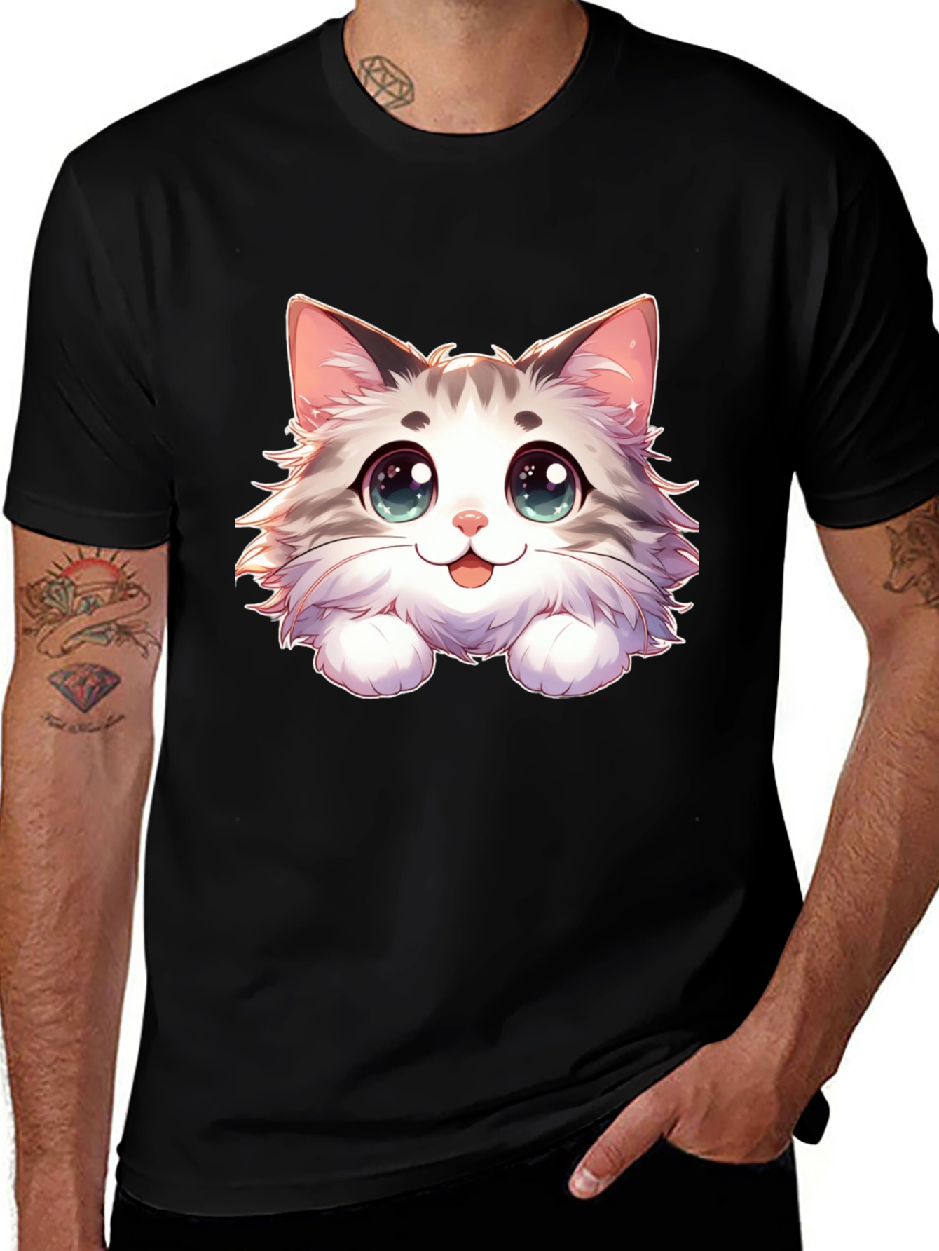 Variant 13 of Cute Cartoon Cat Graphic Print Black T-Shirt