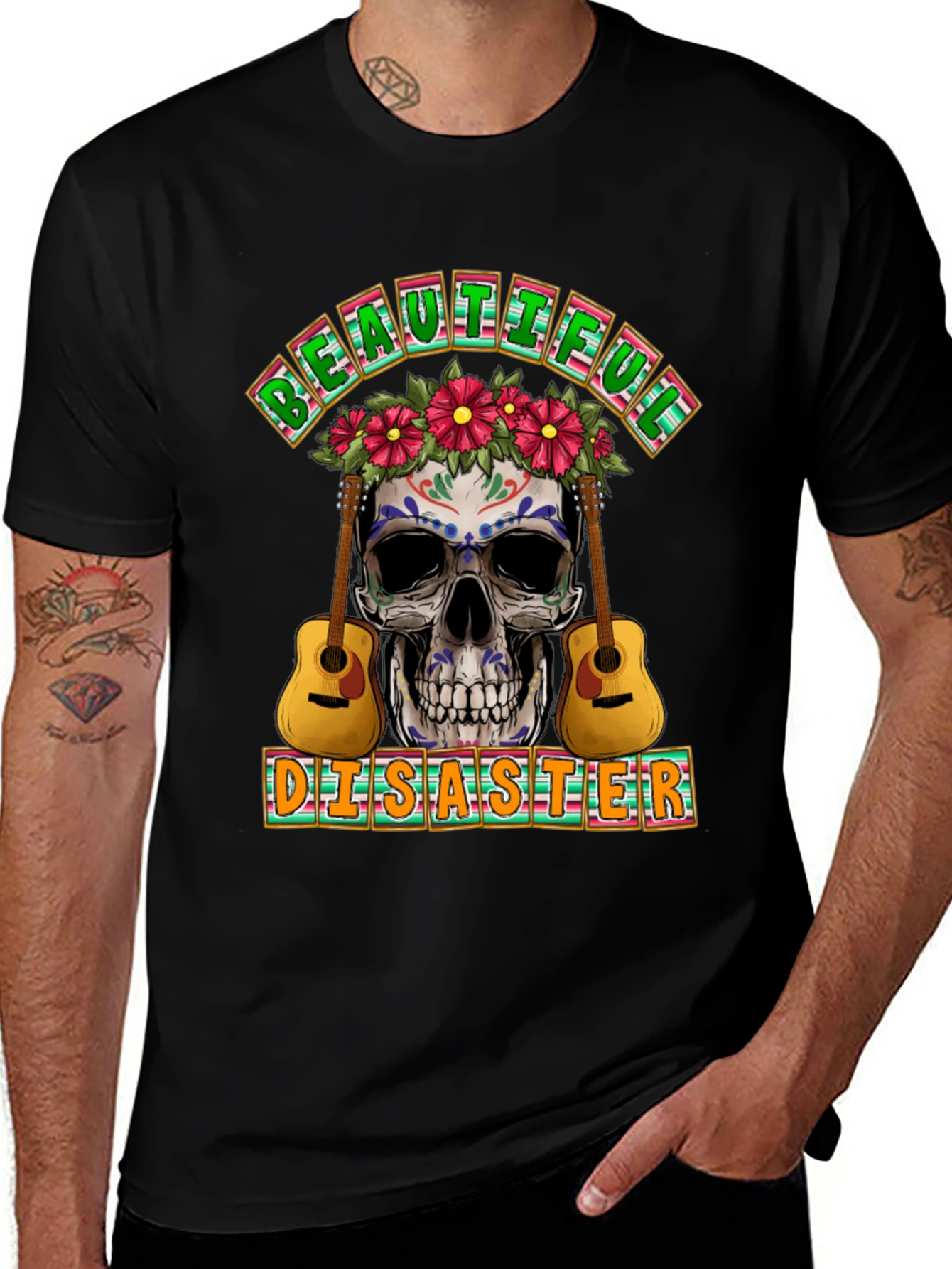 Variant 4 of Beautiful Disaster Sugar Skull Guitar T-Shirt