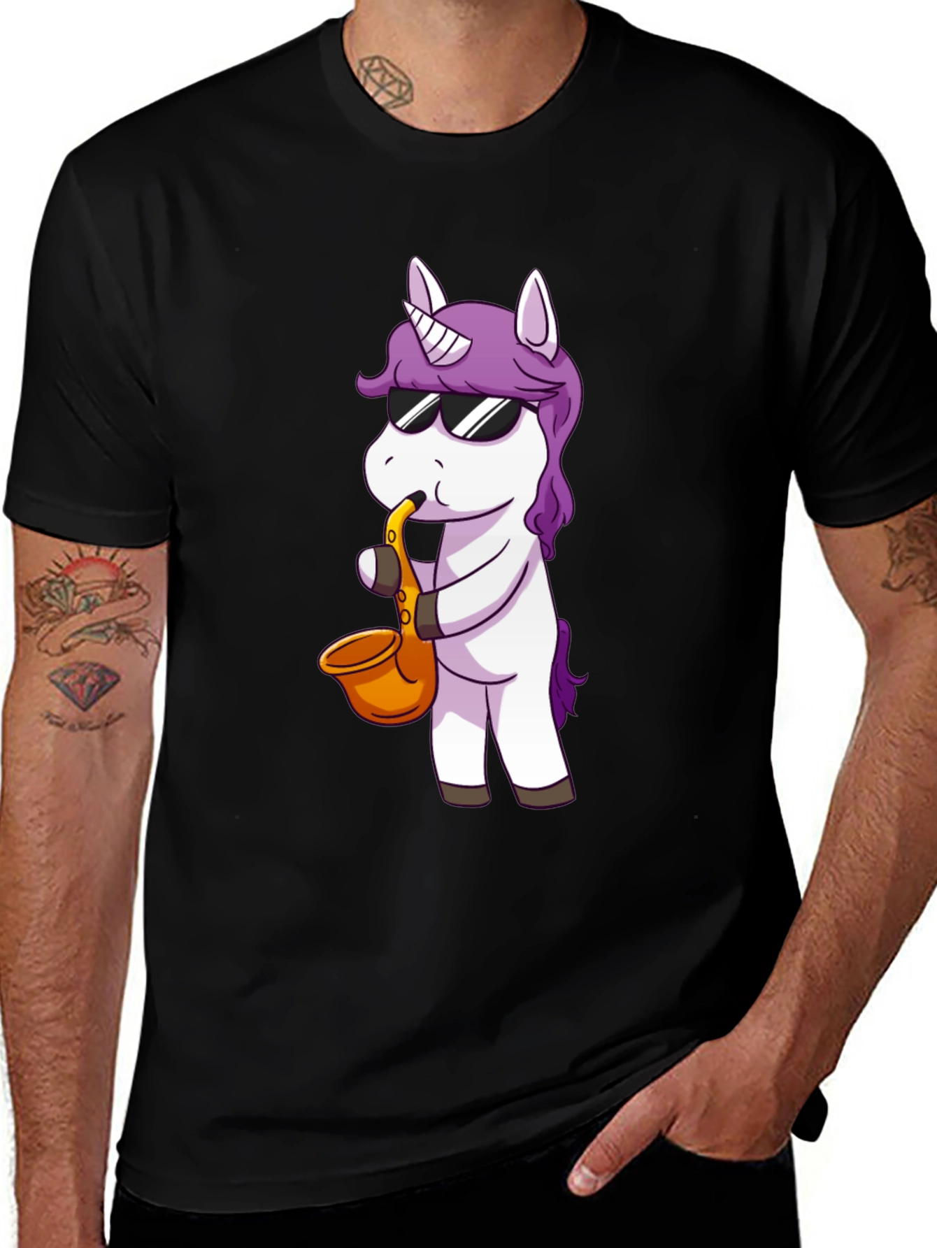 Unicorn Saxophone Graphic Tee - Black Cotton T-Shirt