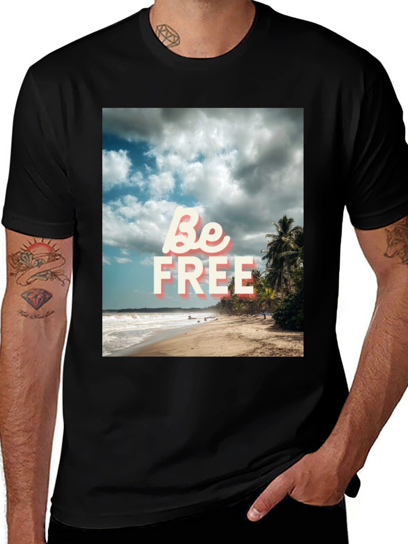 Be Free Beach Graphic Tee - Black Cotton T-Shirt